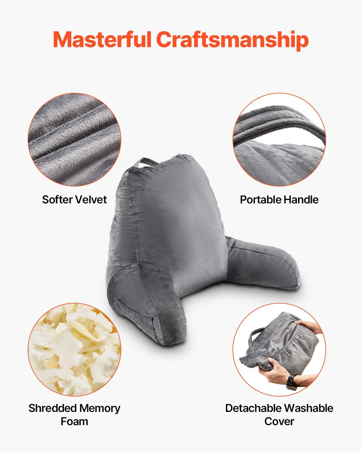 VEVOR Reading Pillow with 3 Pockets and Memory Foam