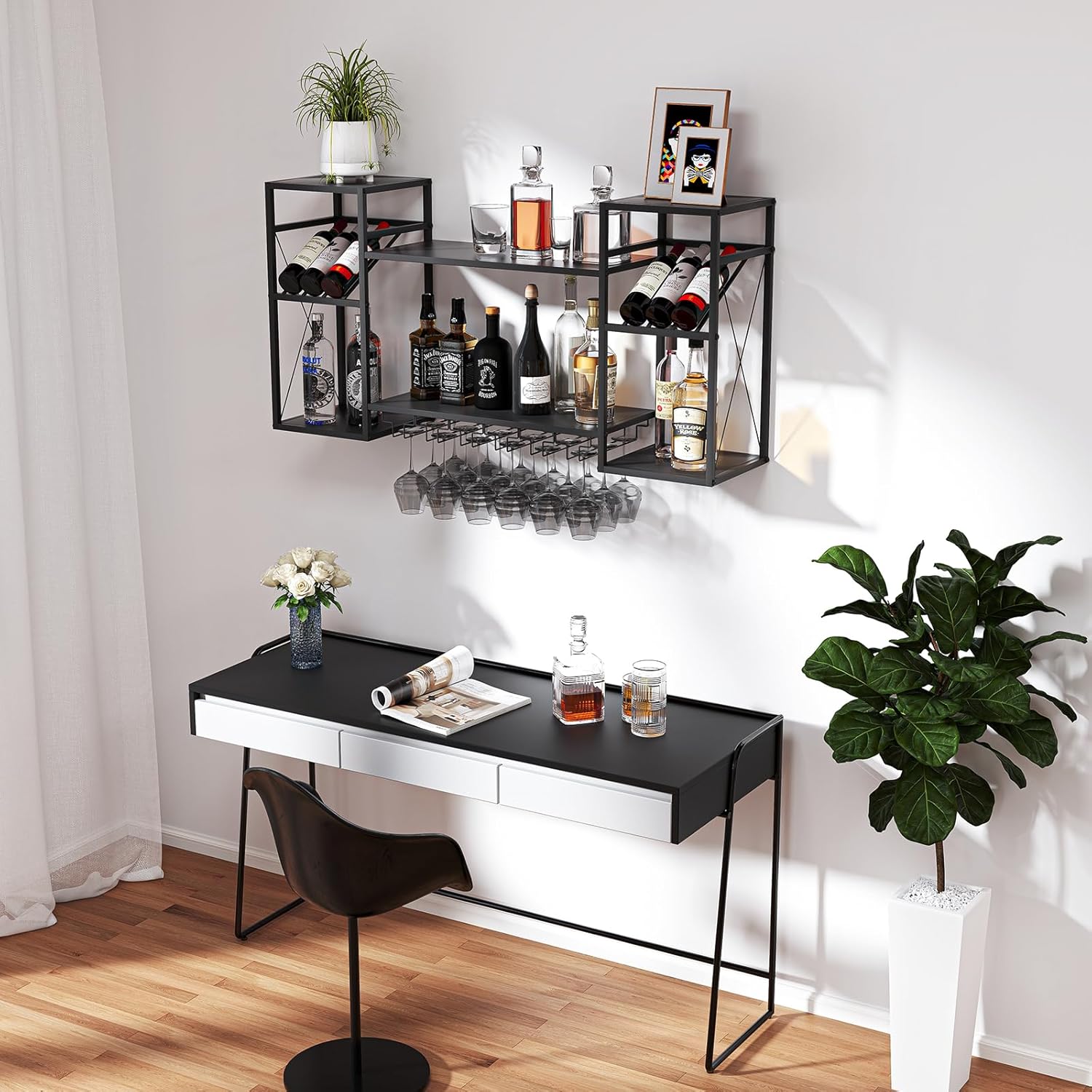 2-Tier Wall-Mounted Wine Rack with 6 Stem Glass Holder Black