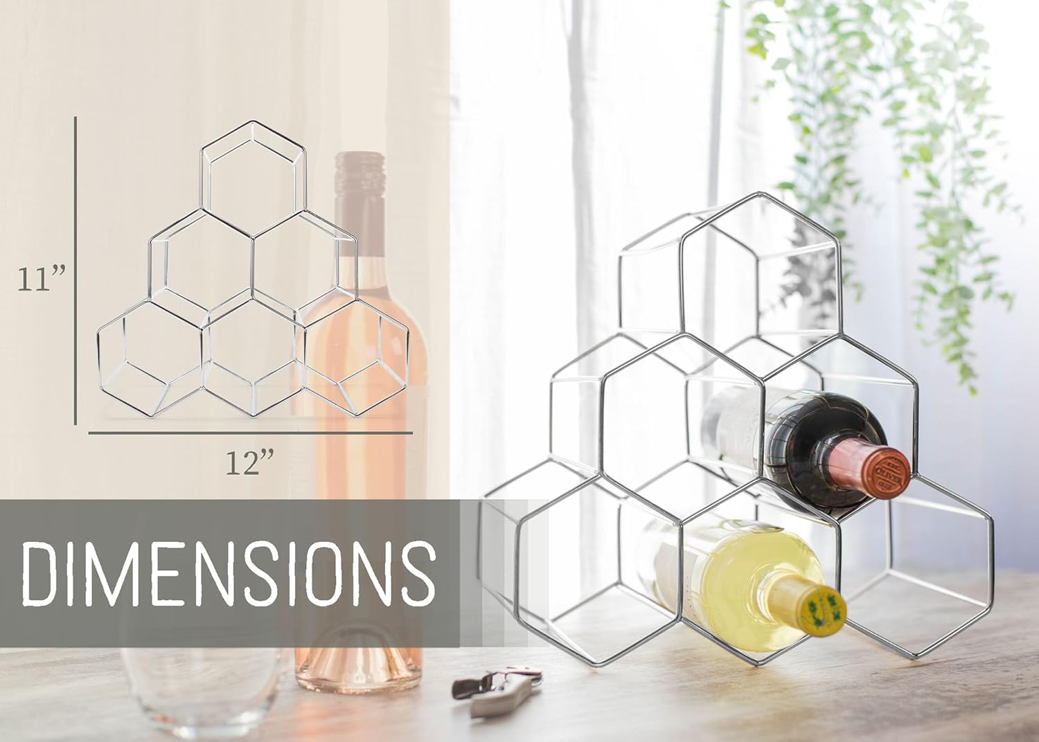 NAT Jules Honeycomb Silver Tone Wine Rack - 6 Bottle Capacity