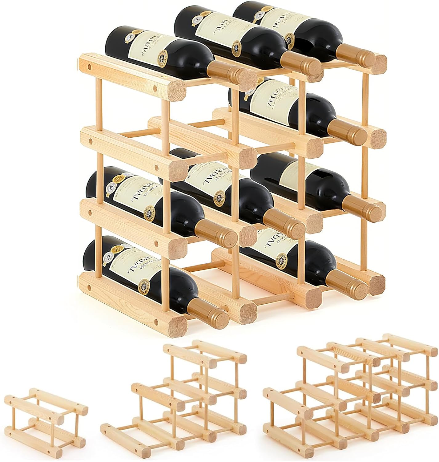12-Bottle Wooden Wine Rack for Countertop and Cabinet