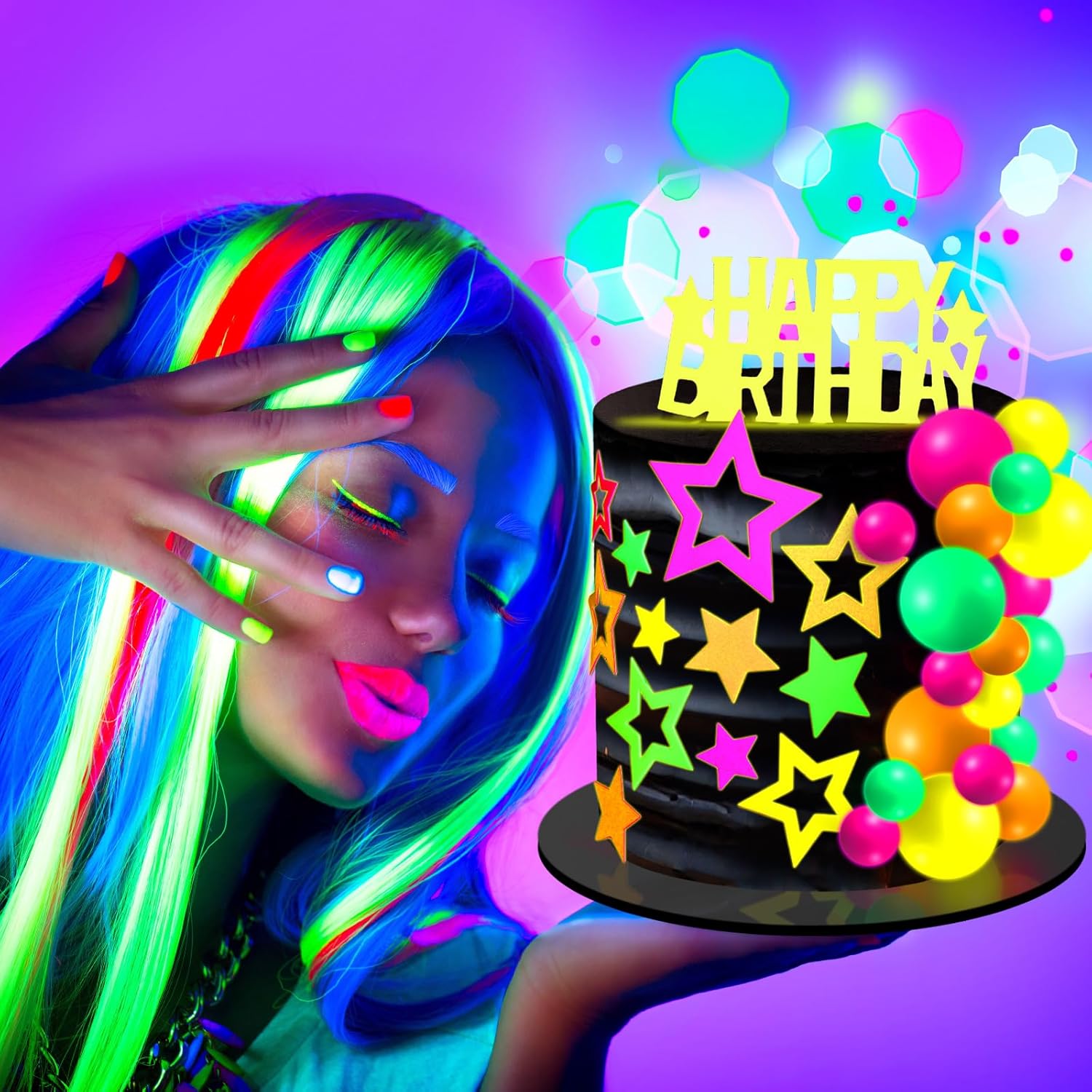 Wonderjune 57 Pcs Neon Glow Cake Toppers Decorations