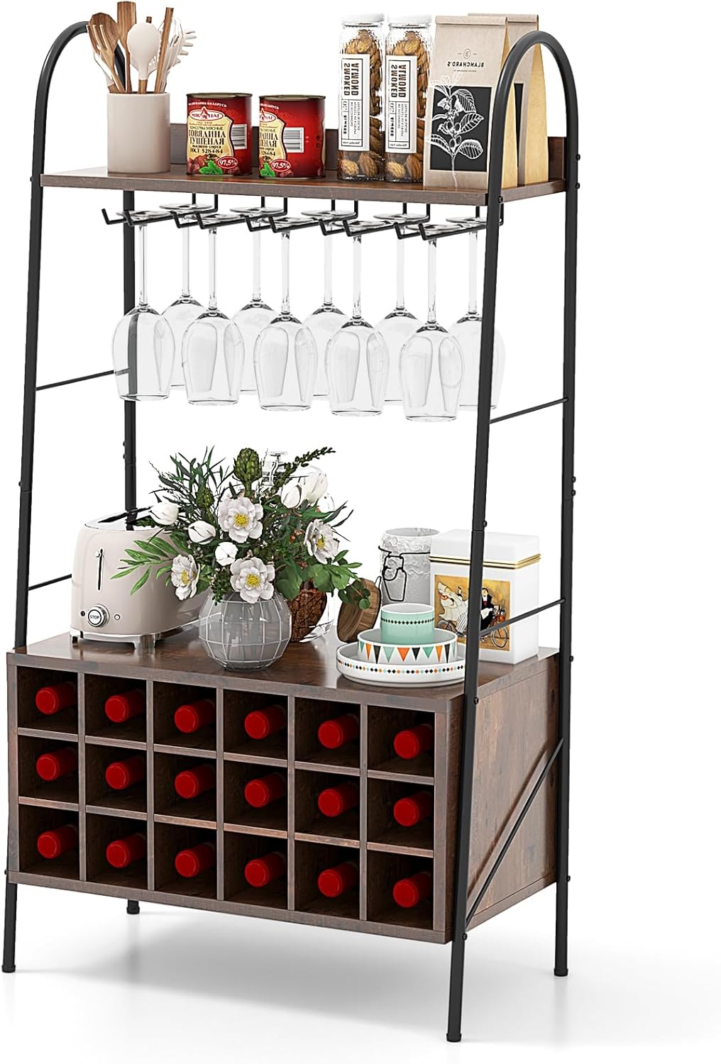 Giantex Freestanding Wine Rack with 15 Glasses Holder and 2 Storage Shelves
