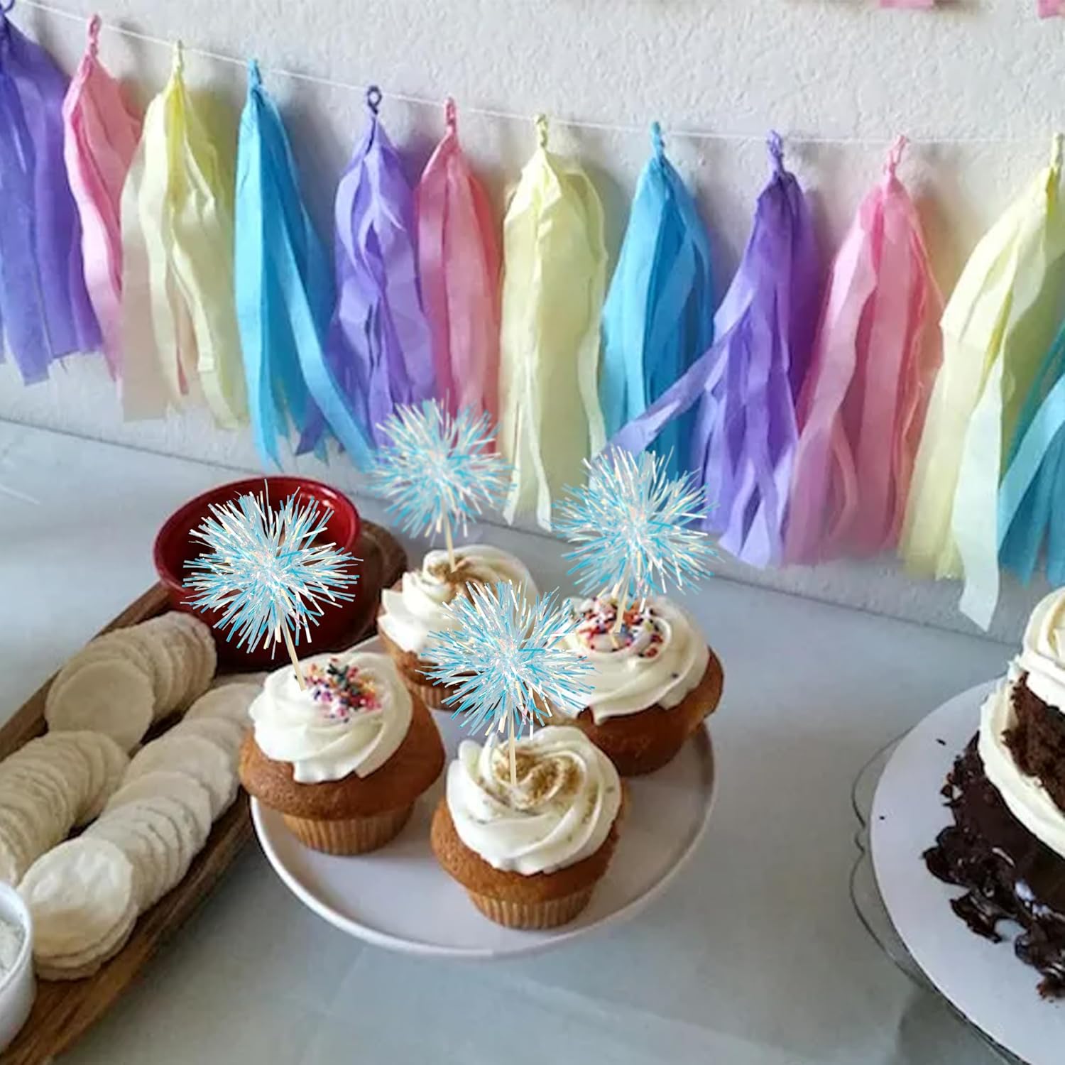 Gyufise 30Pcs Foil Firework Cupcake Toppers with Tinsel