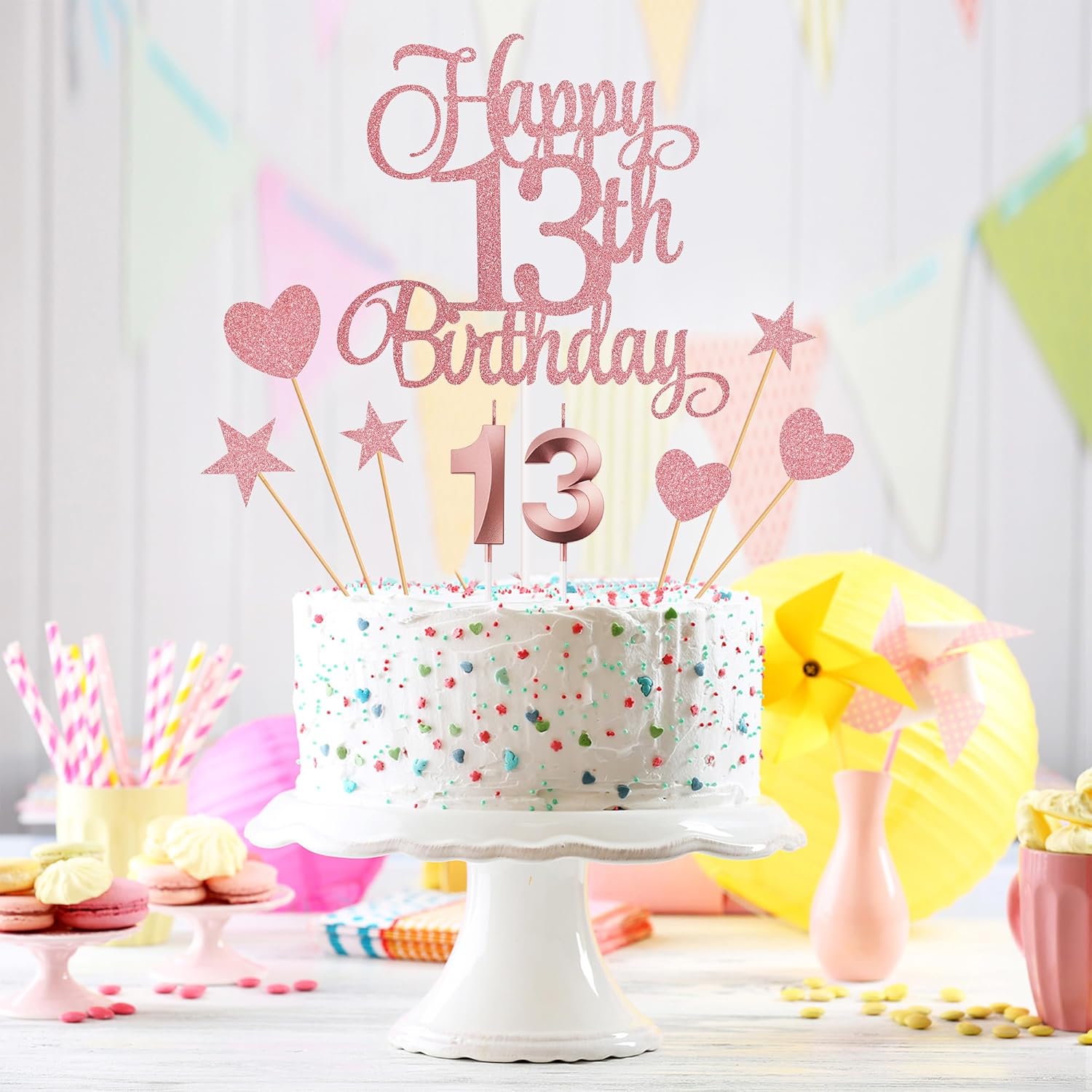 13th Birthday Cake Toppers Set with Glitter and Candles