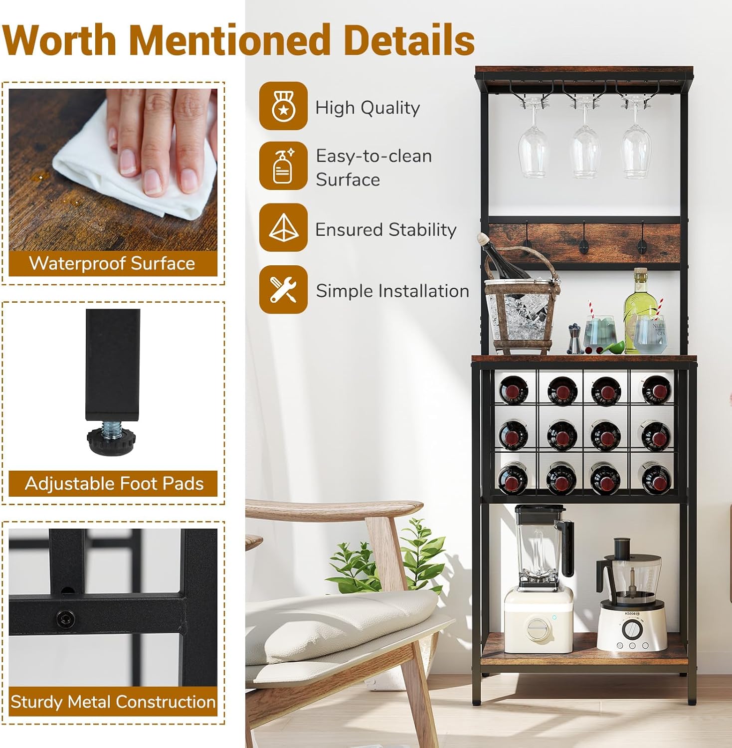 GOFLAME Freestanding Wine Rack with Glass Holders and Countertop