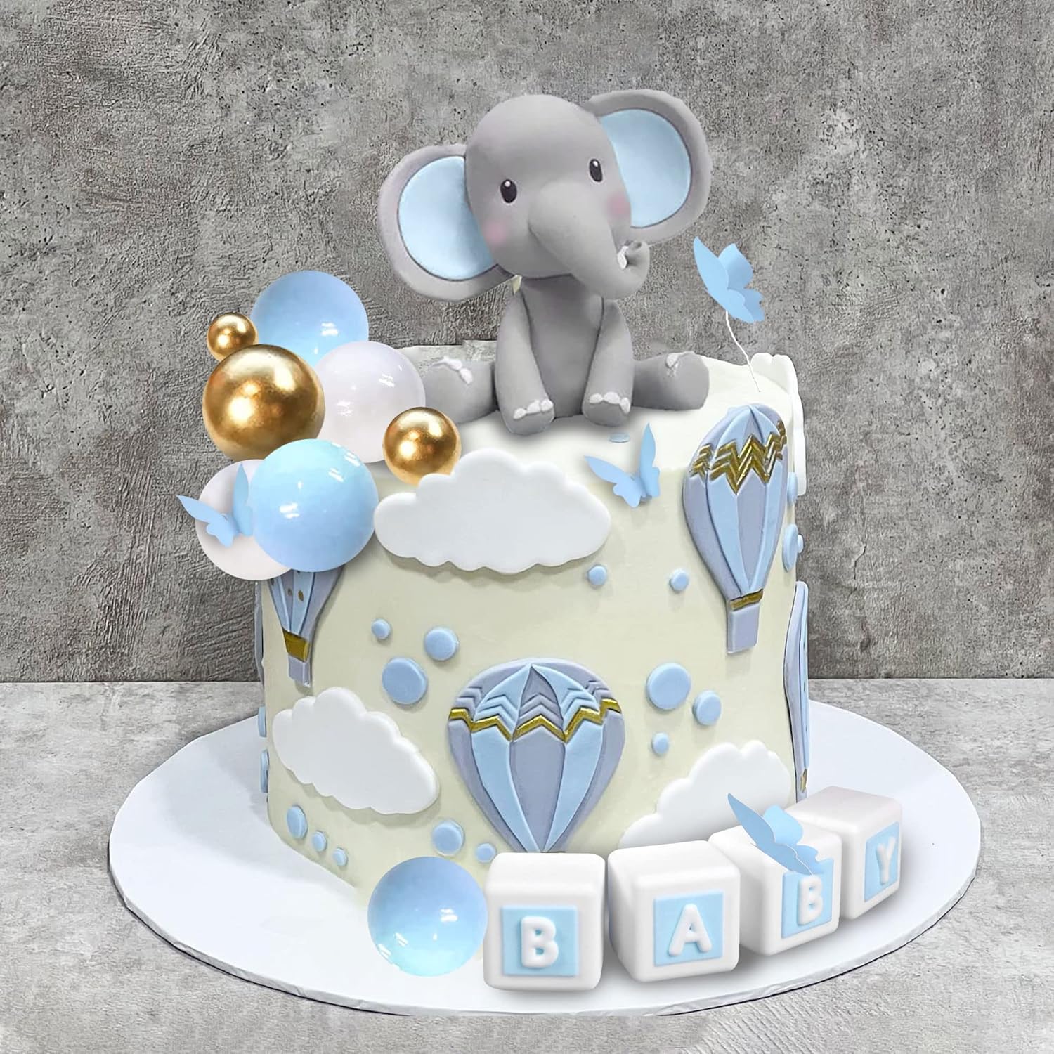DRWATE Elephant Cake Topper Blue Baby Letter Decorations