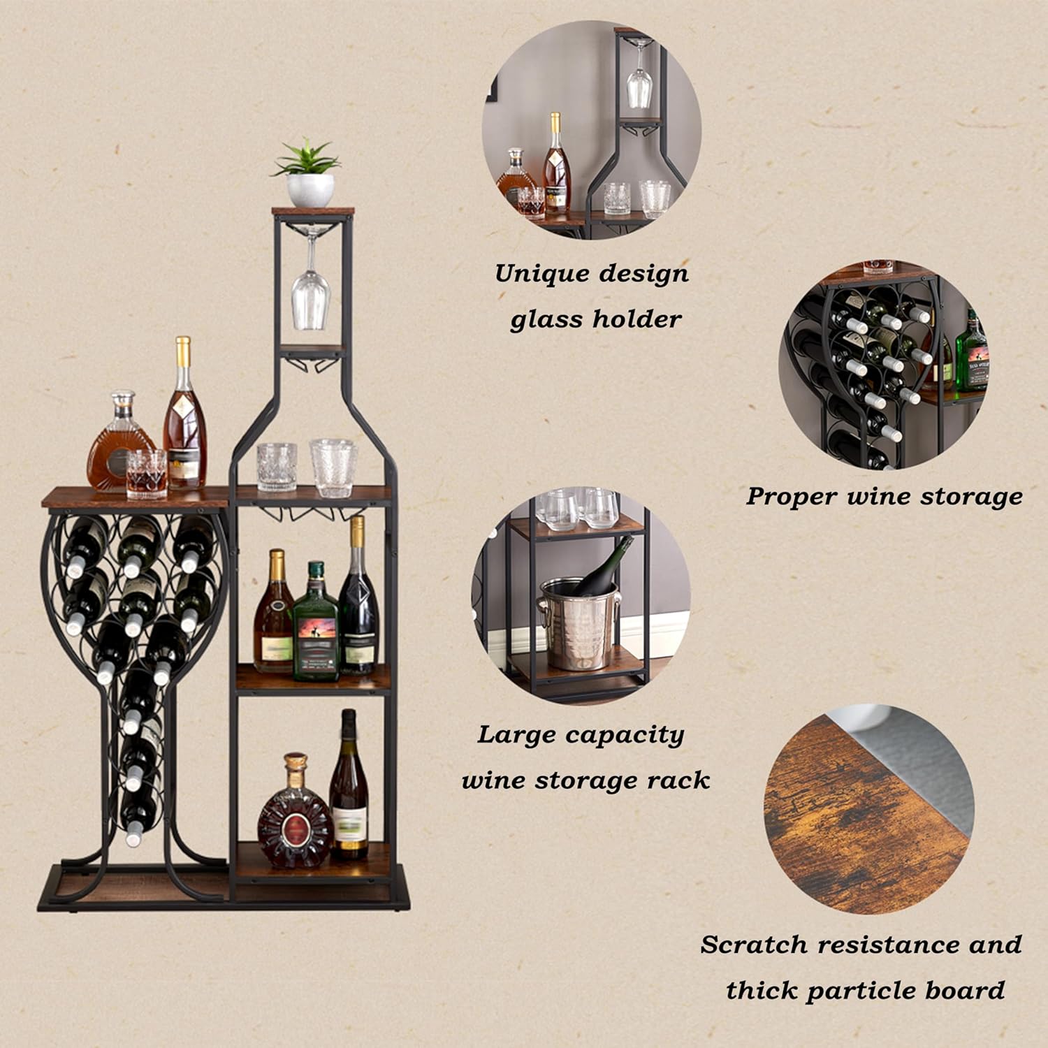 5 Tier Wine Rack Freestanding Cabinet with 6 Glass Holder