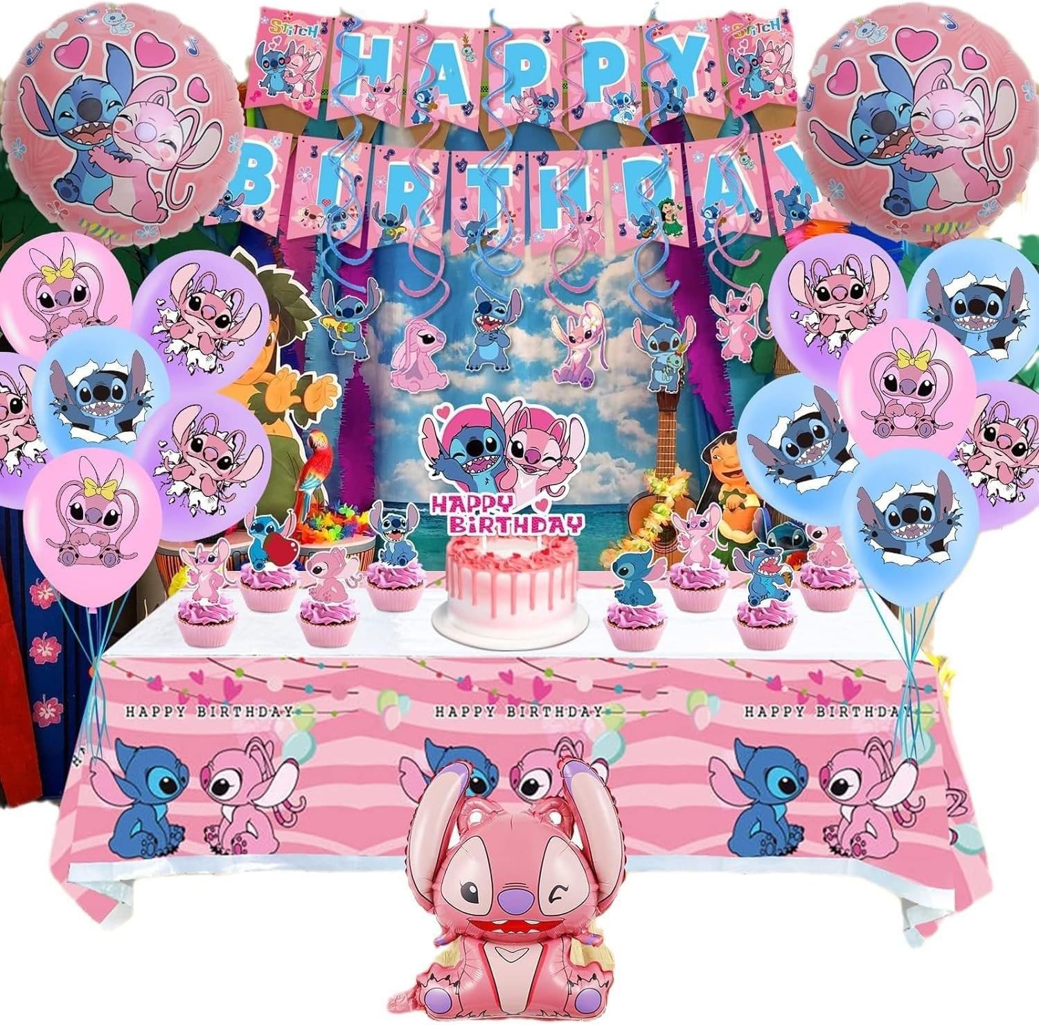 103PCS Stitch Birthday Decorations Set Pink