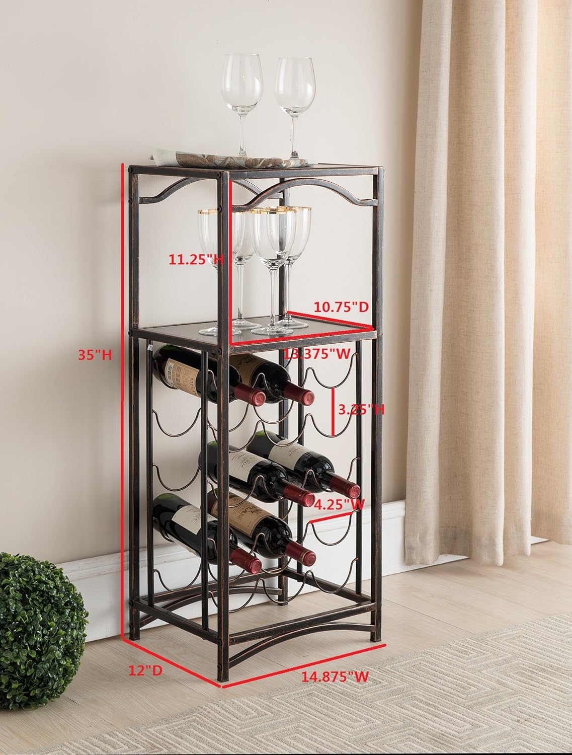 Kings Brand Metal 15-Bottle Wine Rack with Brushed Copper Finish