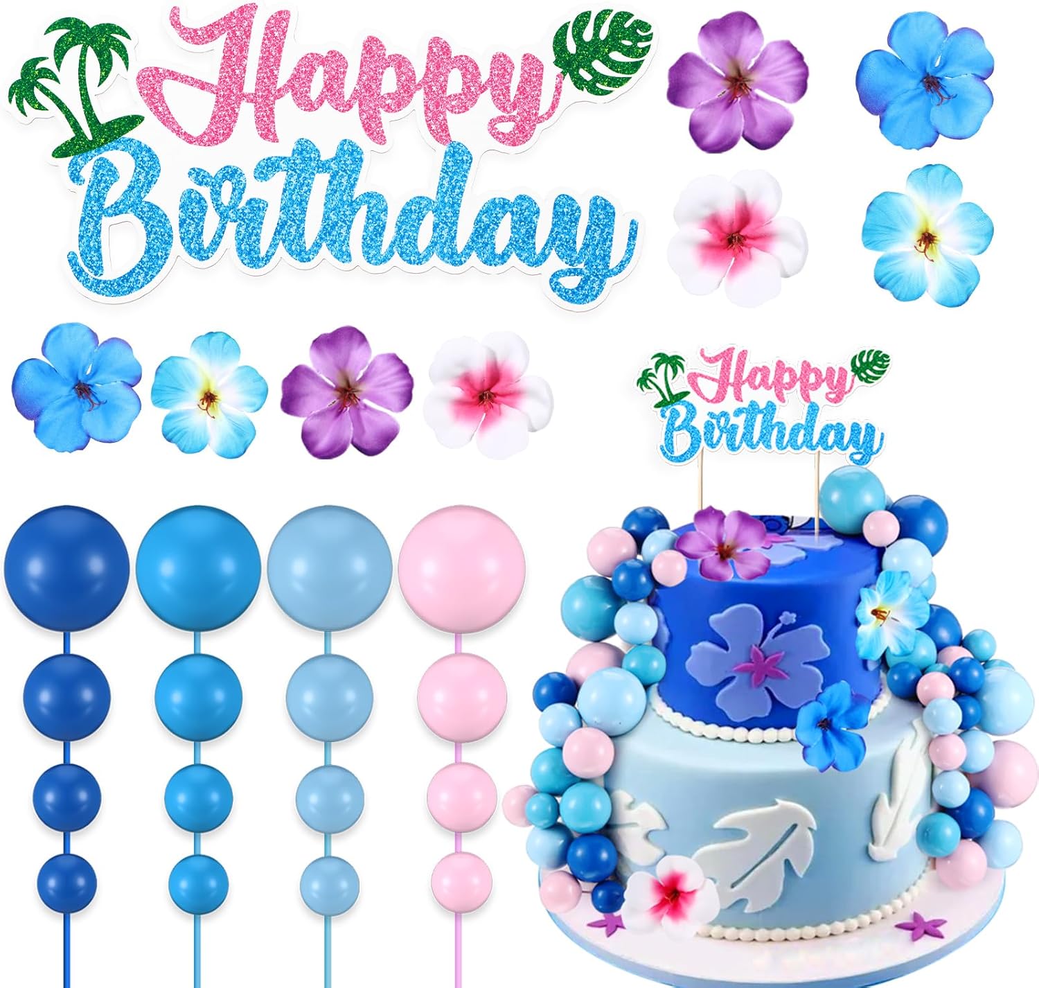 Zeyune 61 Pcs Pink Blue Cake Topper with Balls