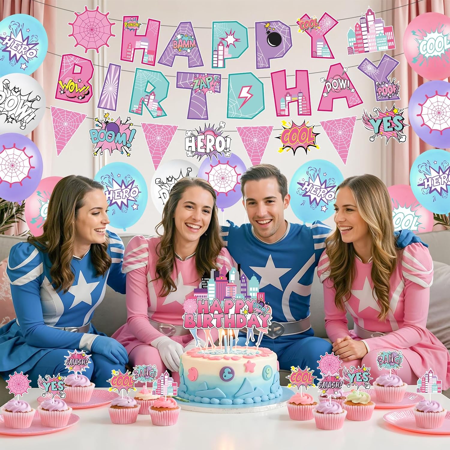 Spider Birthday Banner with Pennant Flags and Balloons
