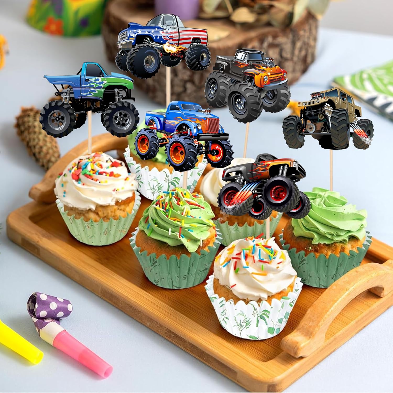 24PCS Monster Truck Cupcake Toppers Decorations