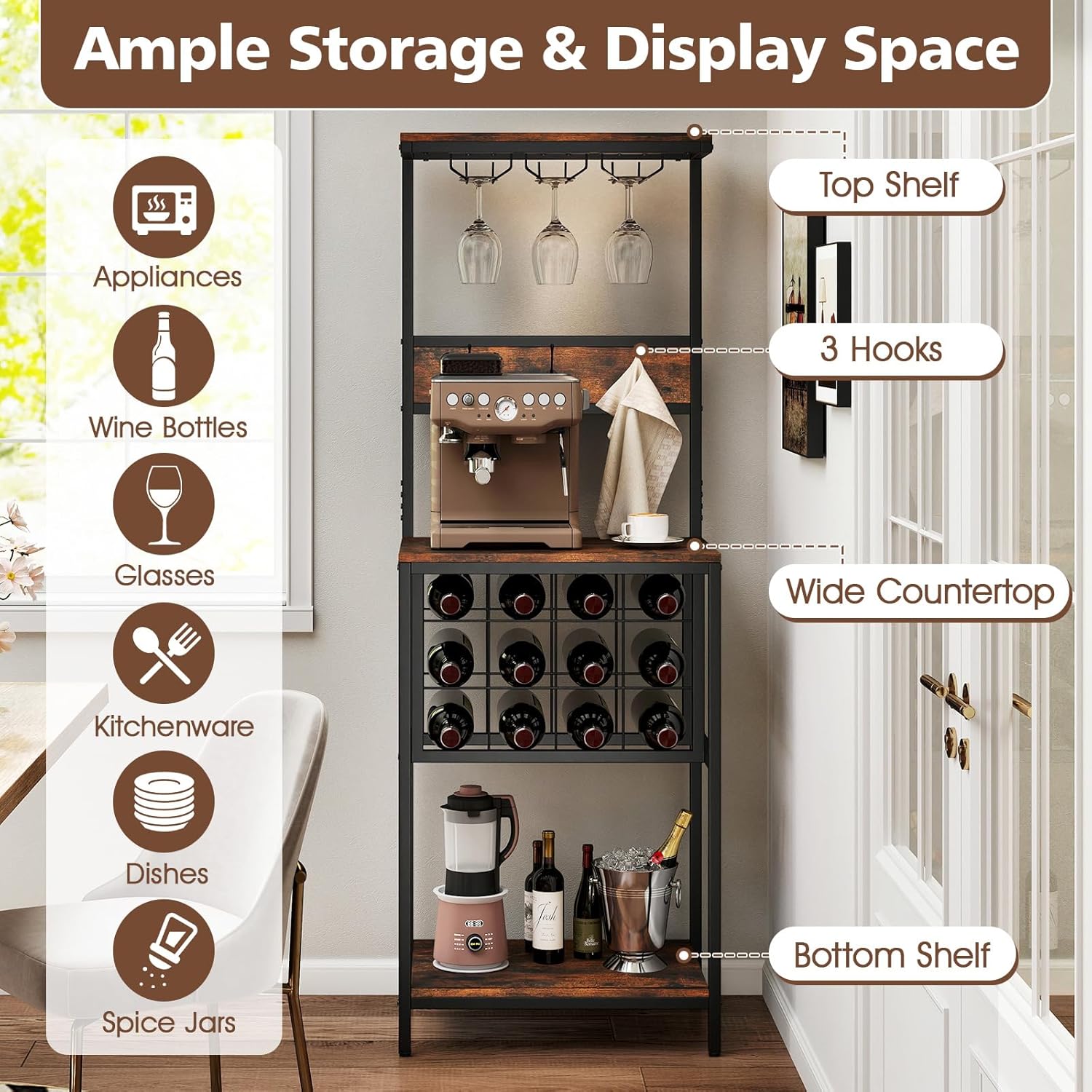 Giantex Freestanding Wine Rack with 12 Bottle Holders and 3 Glass Racks