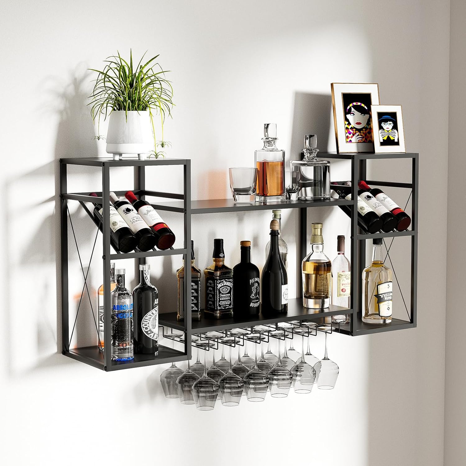 2-Tier Wall-Mounted Wine Rack with 6 Stem Glass Holder Black