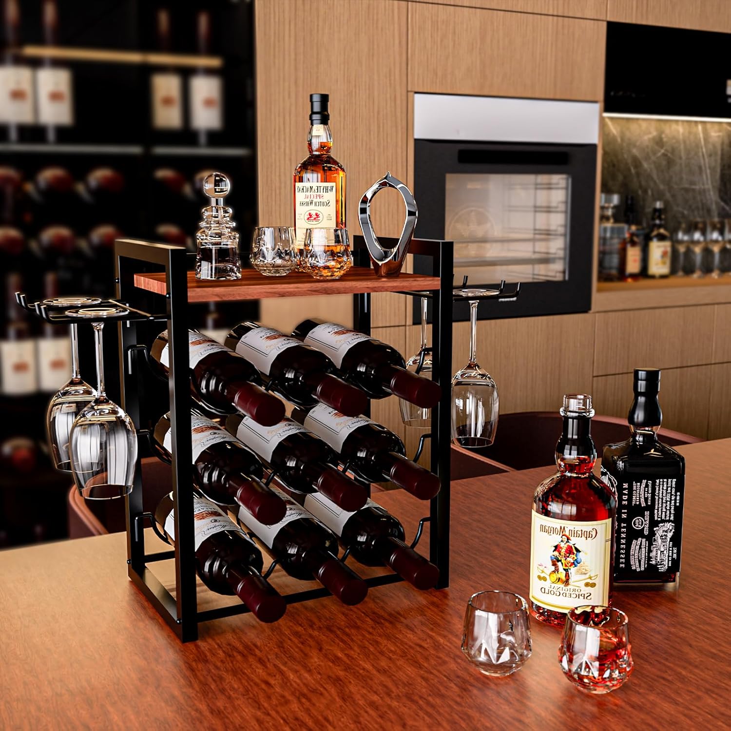 Nanagiftree Wooden Wine Rack with Tray Holds 9 Bottles 4 Glasses