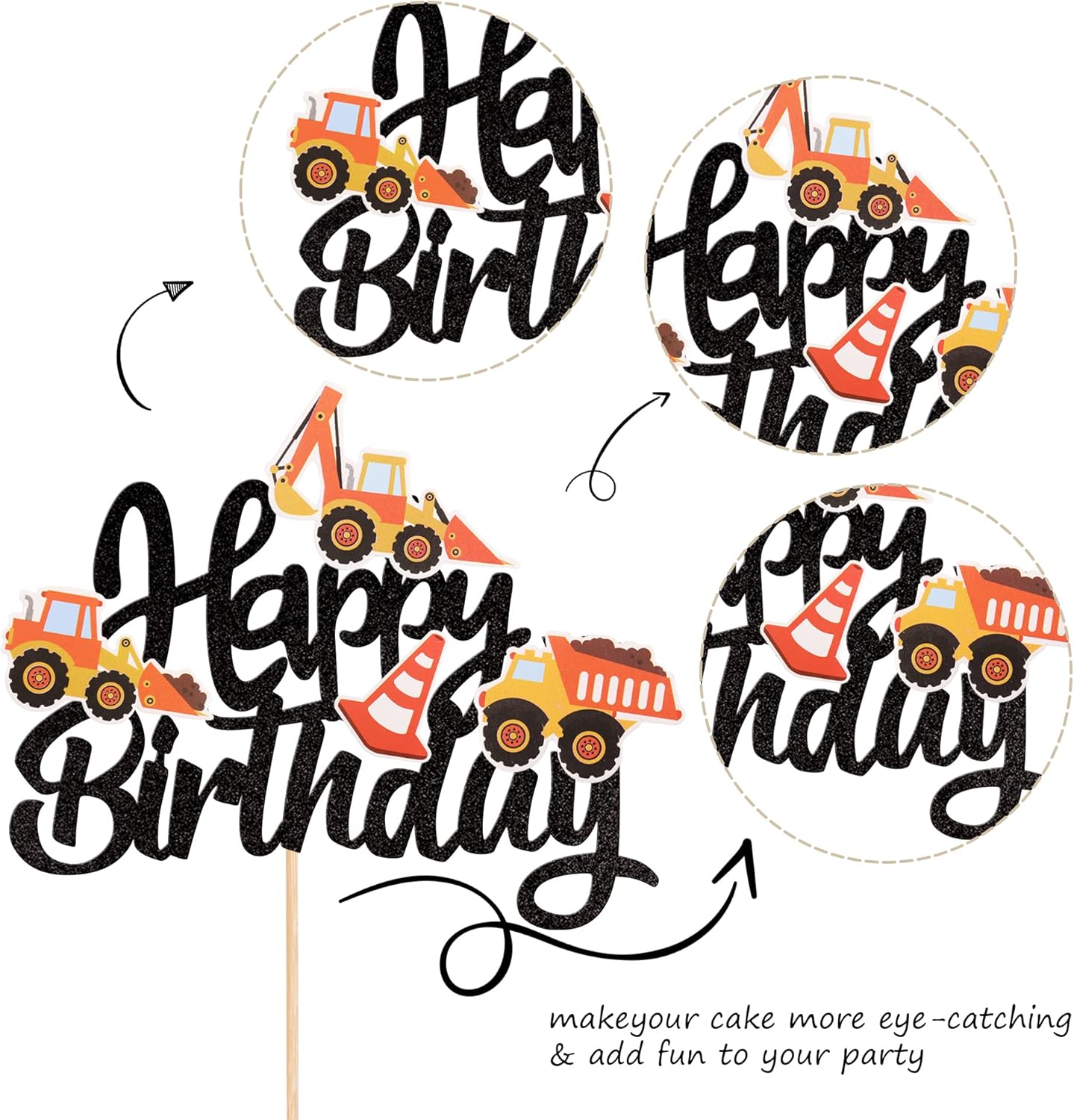 ZHUOWEISM Construction Cake Toppers with Glitter and Bamboo Stick