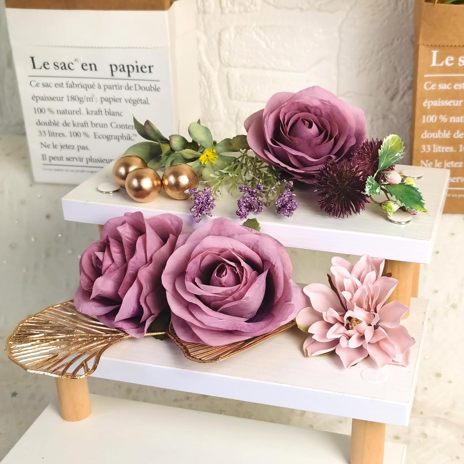 DRWATE Flower Cake Toppers Purple Rose and Ginkgo Leaf Set