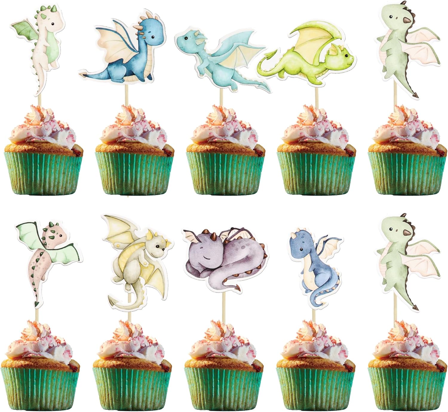 Ephlyn 36Pcs Dragon Cupcake Toppers for Birthday Party
