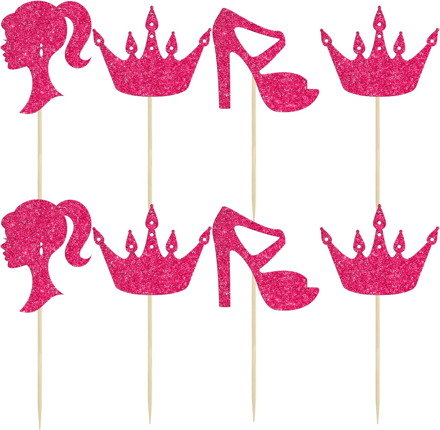Ephlyn 24Pcs Hot Pink Glitter Princess Cupcake Toppers