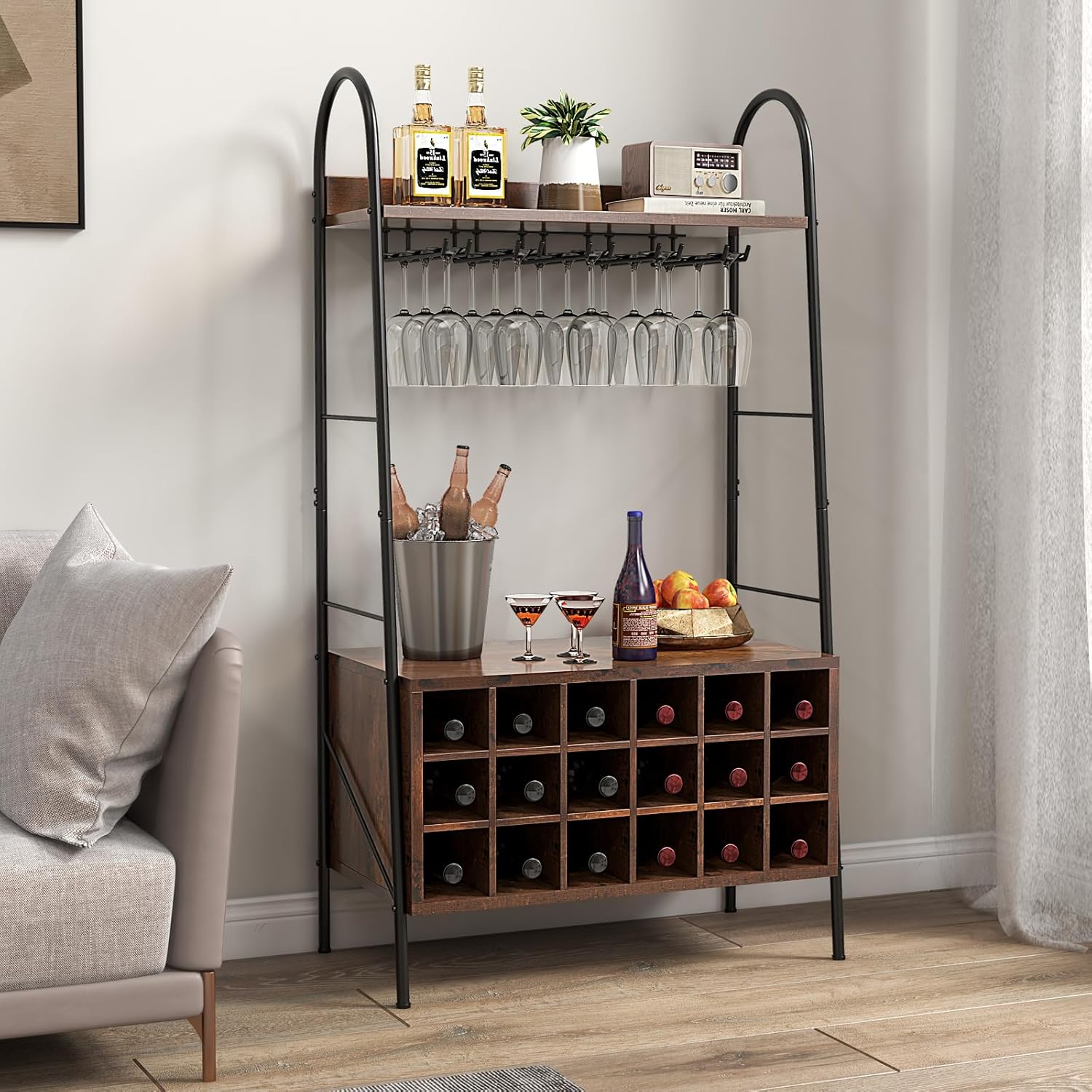 Giantex Freestanding Wine Rack with 15 Glasses Holder and 2 Storage Shelves