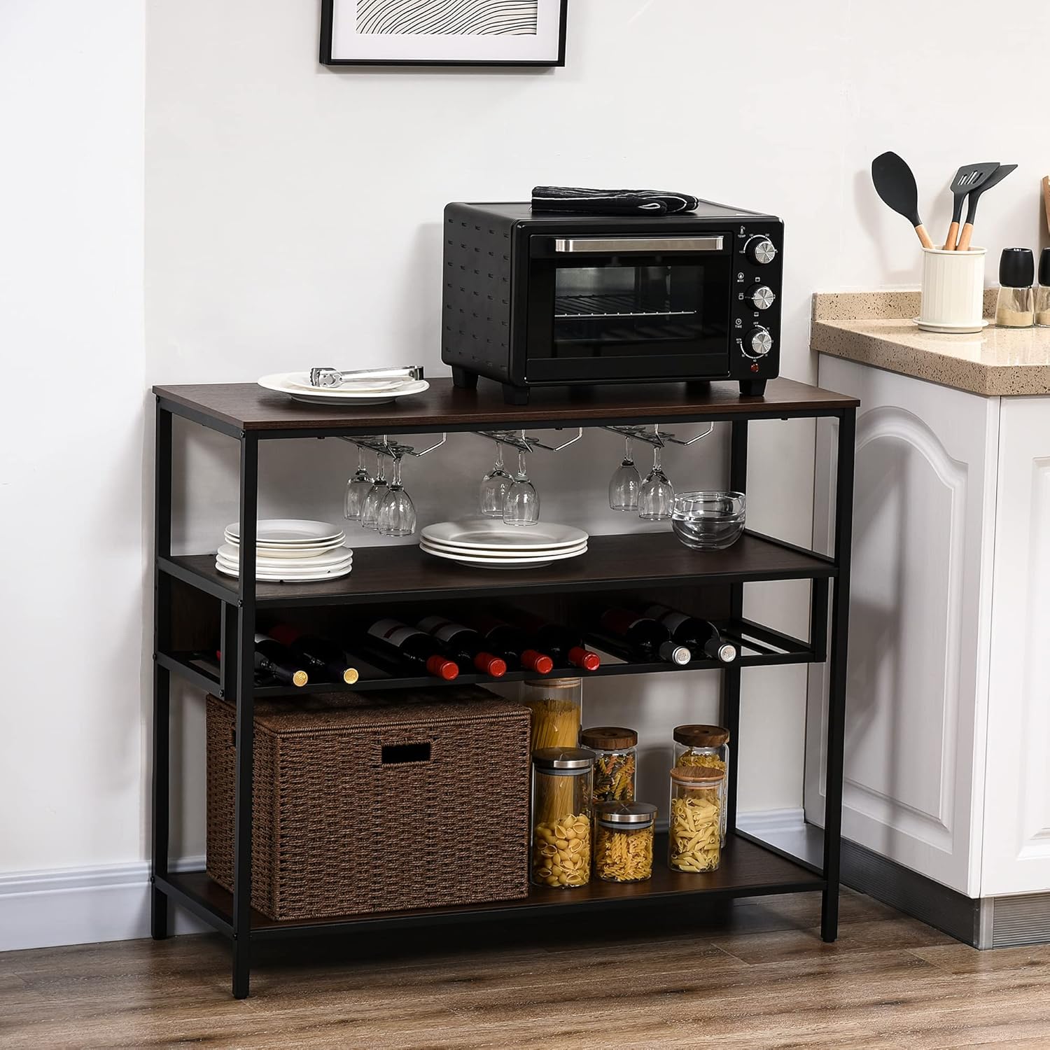 HOMCOM Industrial Wine Rack with 11-Bottle Holder Free Standing with Glass Holders