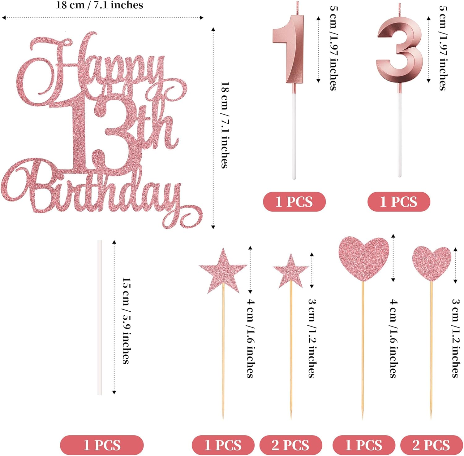 13th Birthday Cake Toppers Set with Glitter and Candles