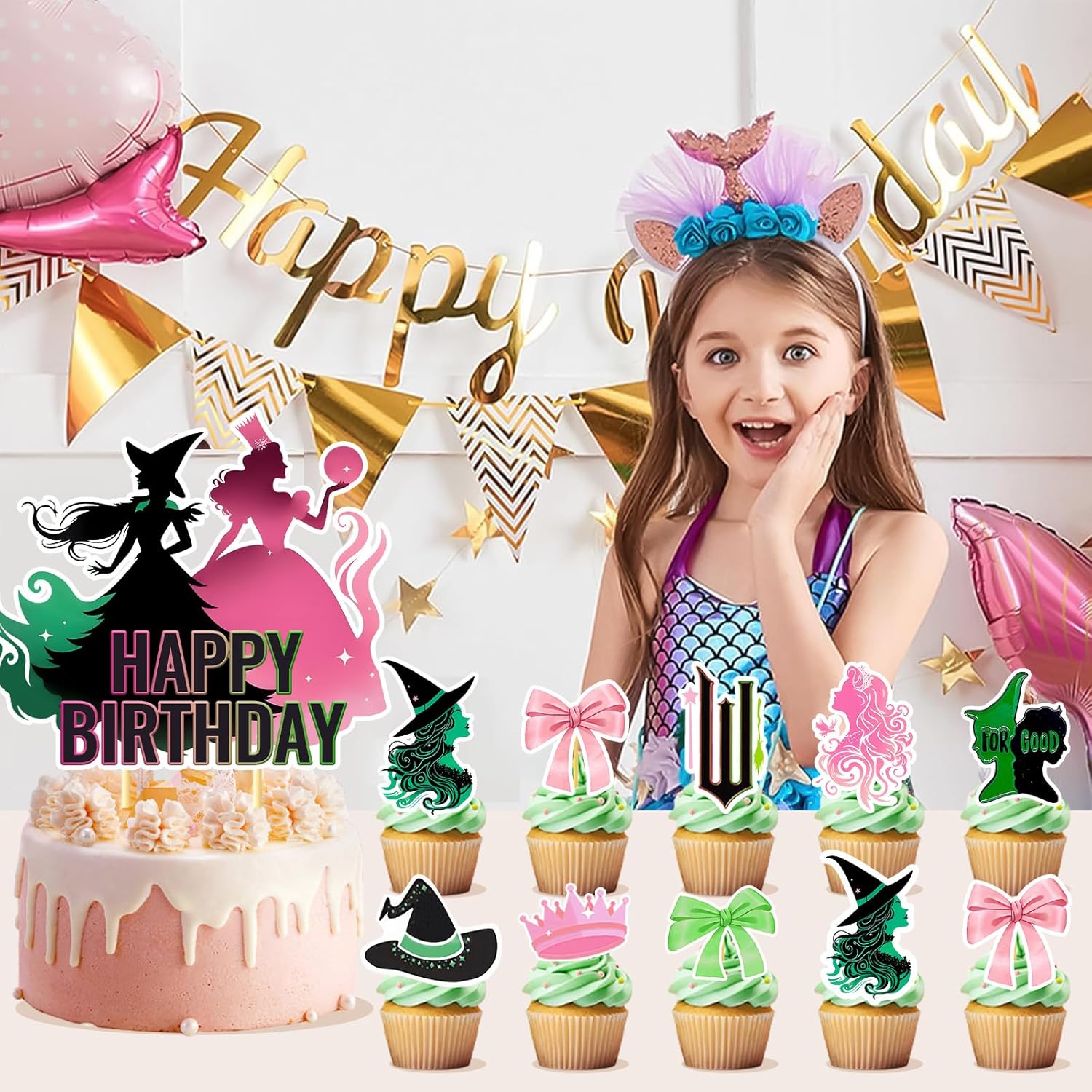 25Pcs Witch Cupcake Toppers Pink Green Party Decorations