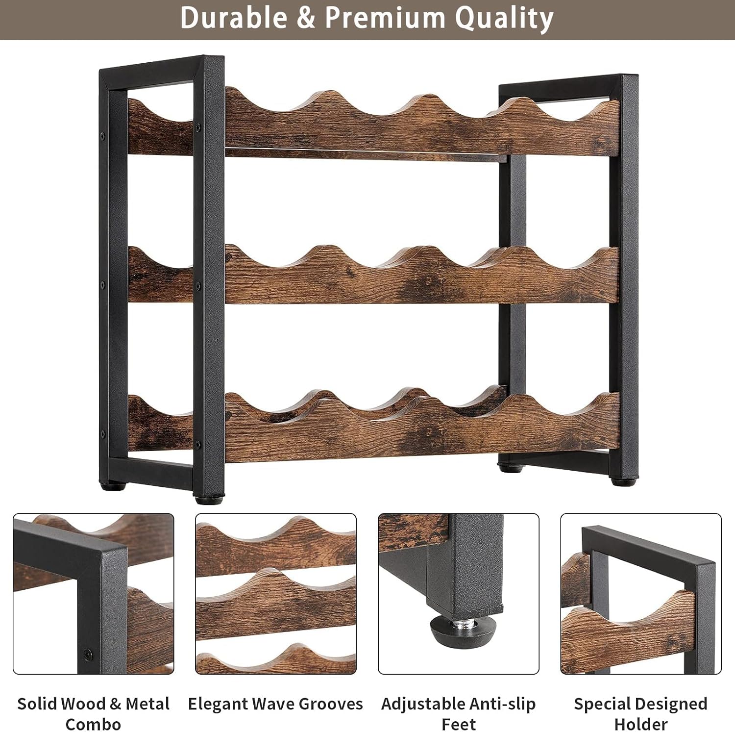 Rusnugic 3 Tier Wine Rack - 12 Bottle Storage Organizer