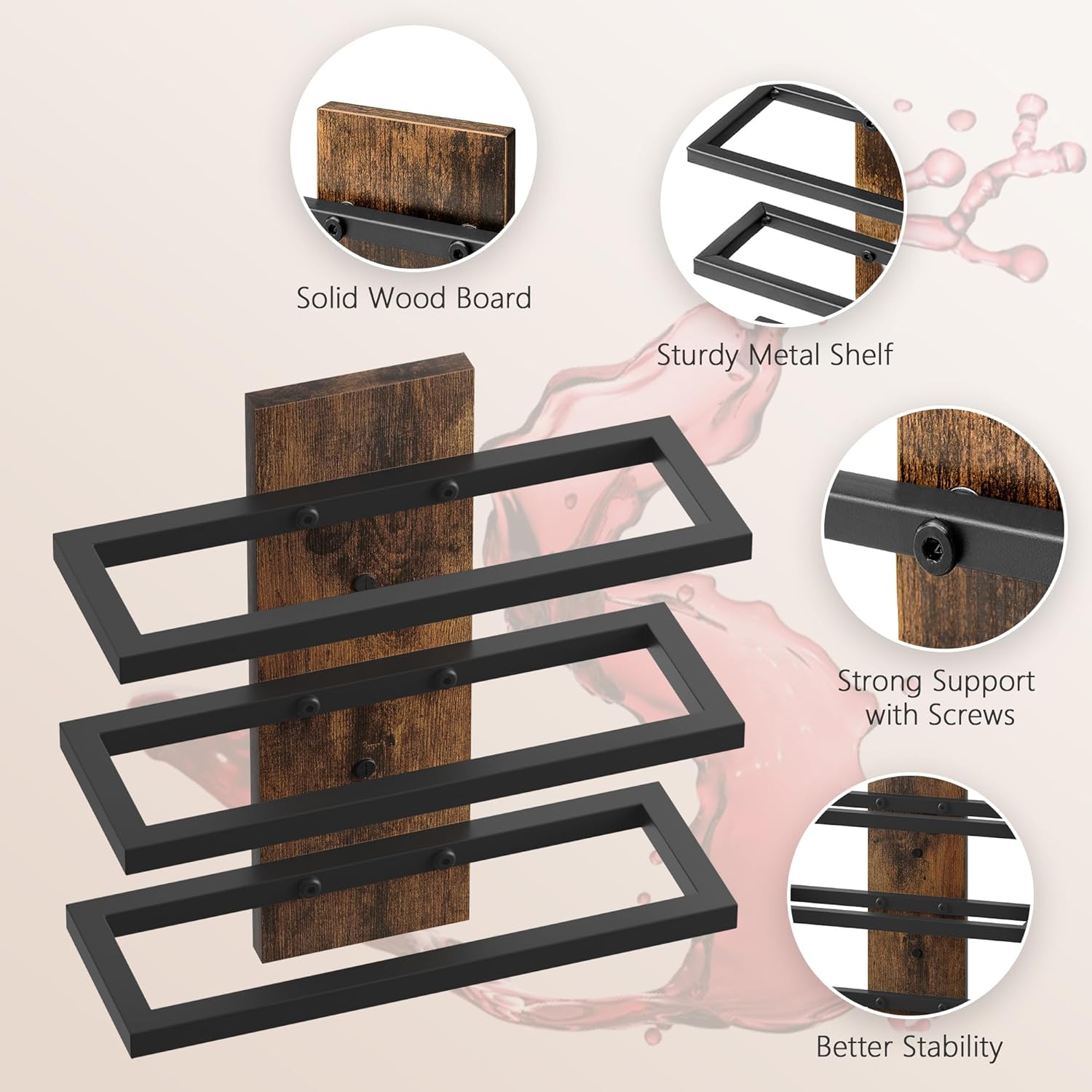 Hoctieon 3 Tier Wall Wine Rack Set - Rustic Brown