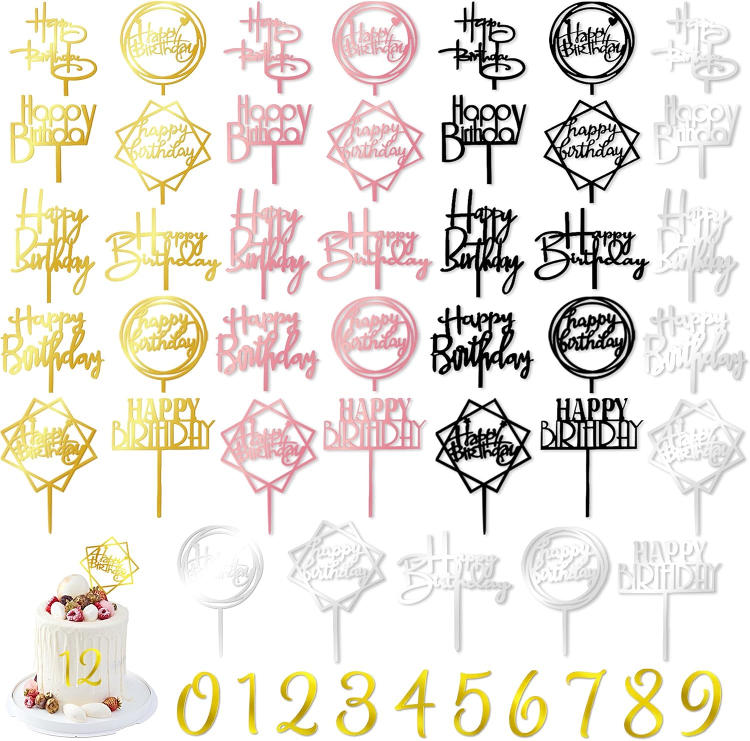 50 PCS Acrylic Birthday Cake Toppers 4 Colors