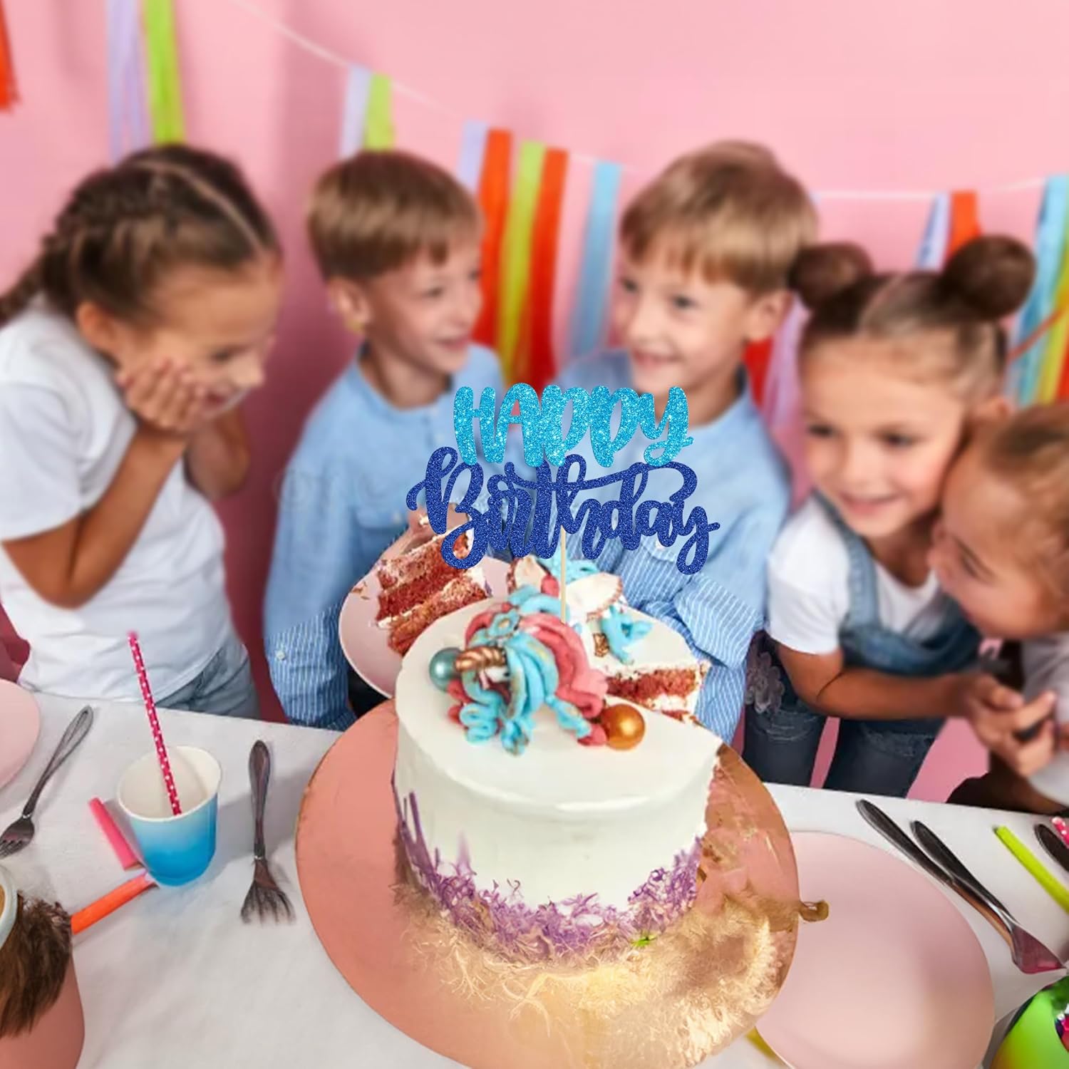 Gyufise Happy Birthday Cake Topper Glitter Blue