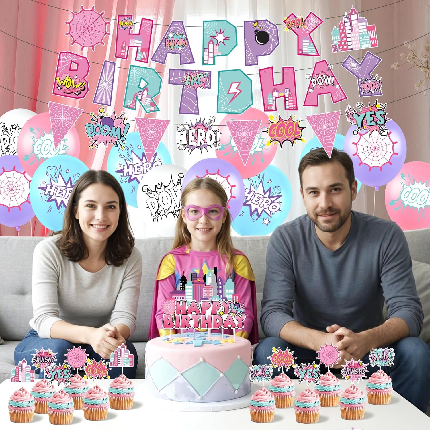 Spider Birthday Banner with Pennant Flags and Balloons