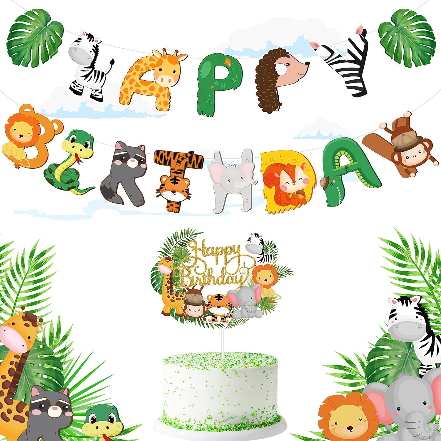 Clabby 2 Pieces Jungle Animals Birthday Banner Cupcake Topper