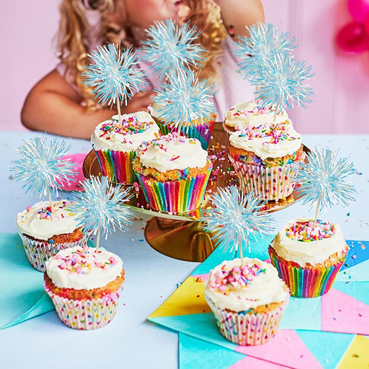 Gyufise 30Pcs Foil Firework Cupcake Toppers with Tinsel