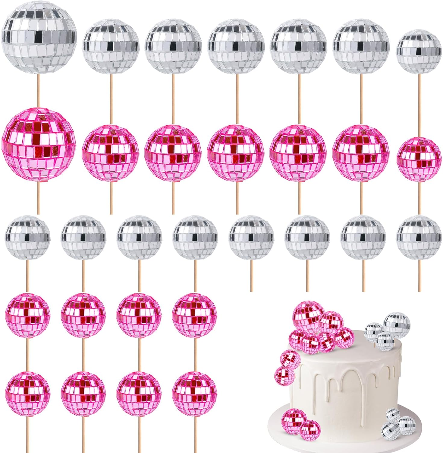 30pcs Disco Ball Cupcake Toppers Pink and Silver