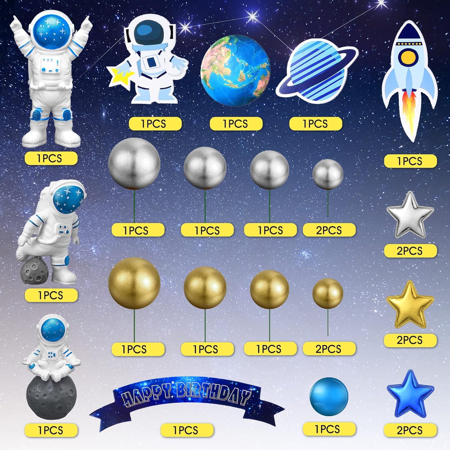Epakh 24 Pcs Space Cake Toppers for Birthday Parties