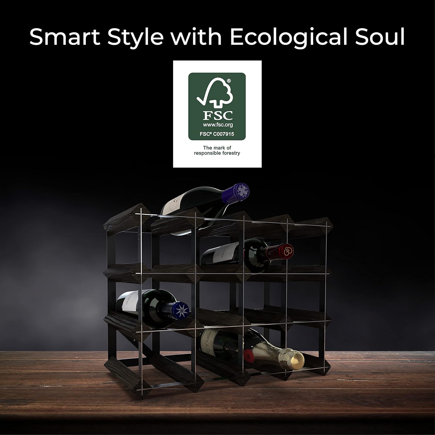 RTA Freestanding Wine Rack 16 Bottles Black Ash Pine