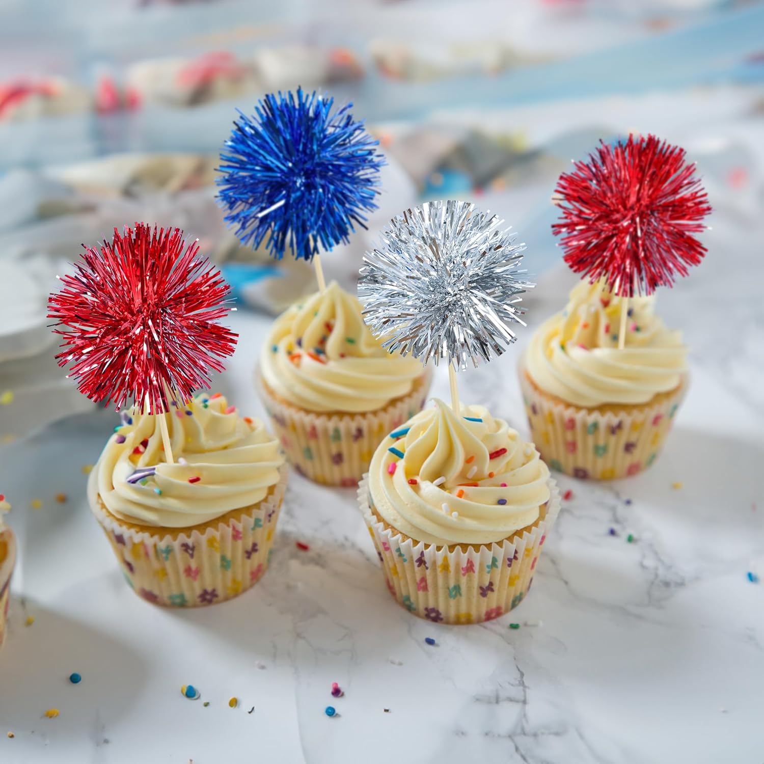 Gyufise 30Pcs Foil Firework Cupcake Toppers 1