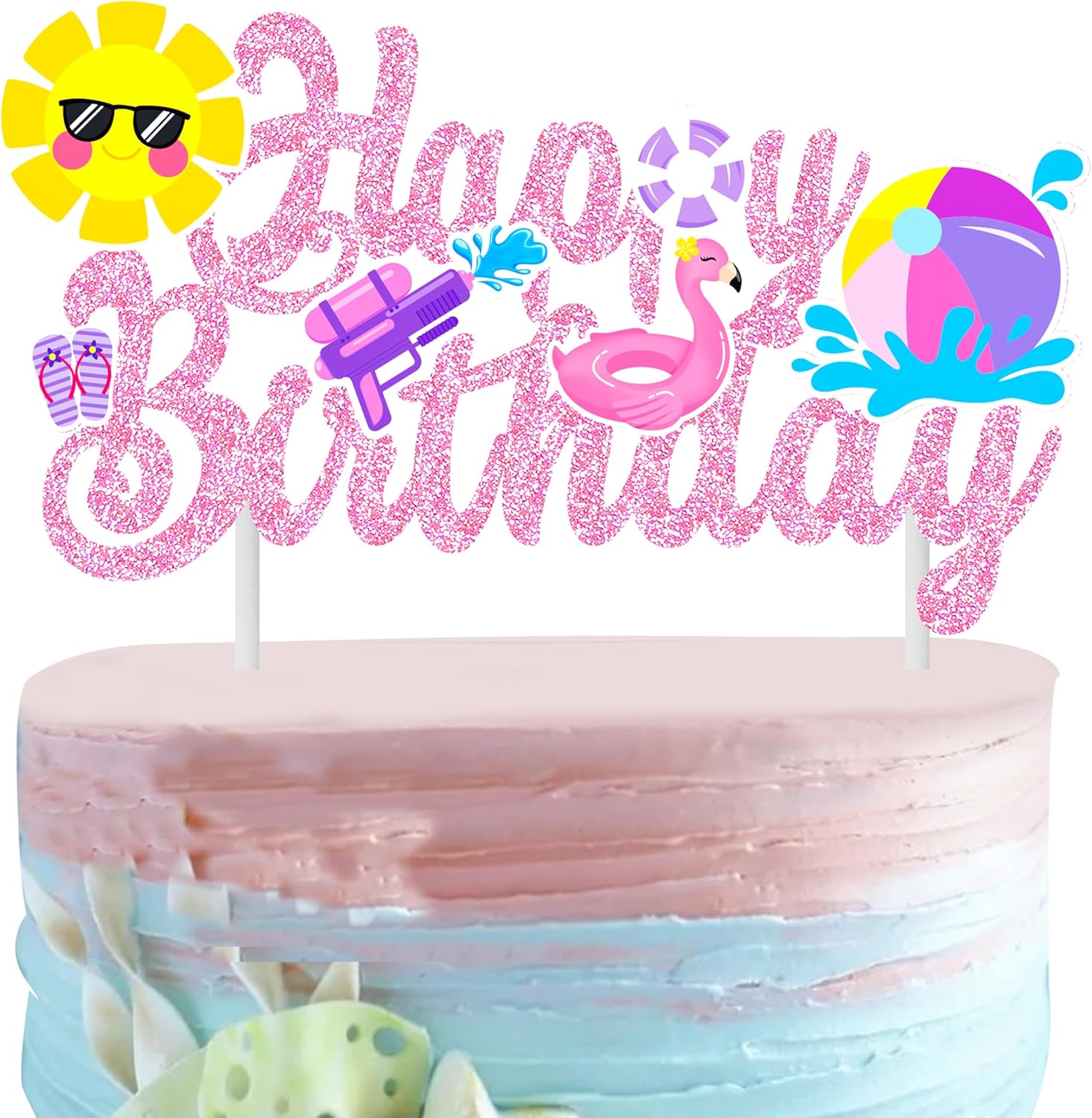 Pool Party Birthday Cake Topper with Pink Glitter