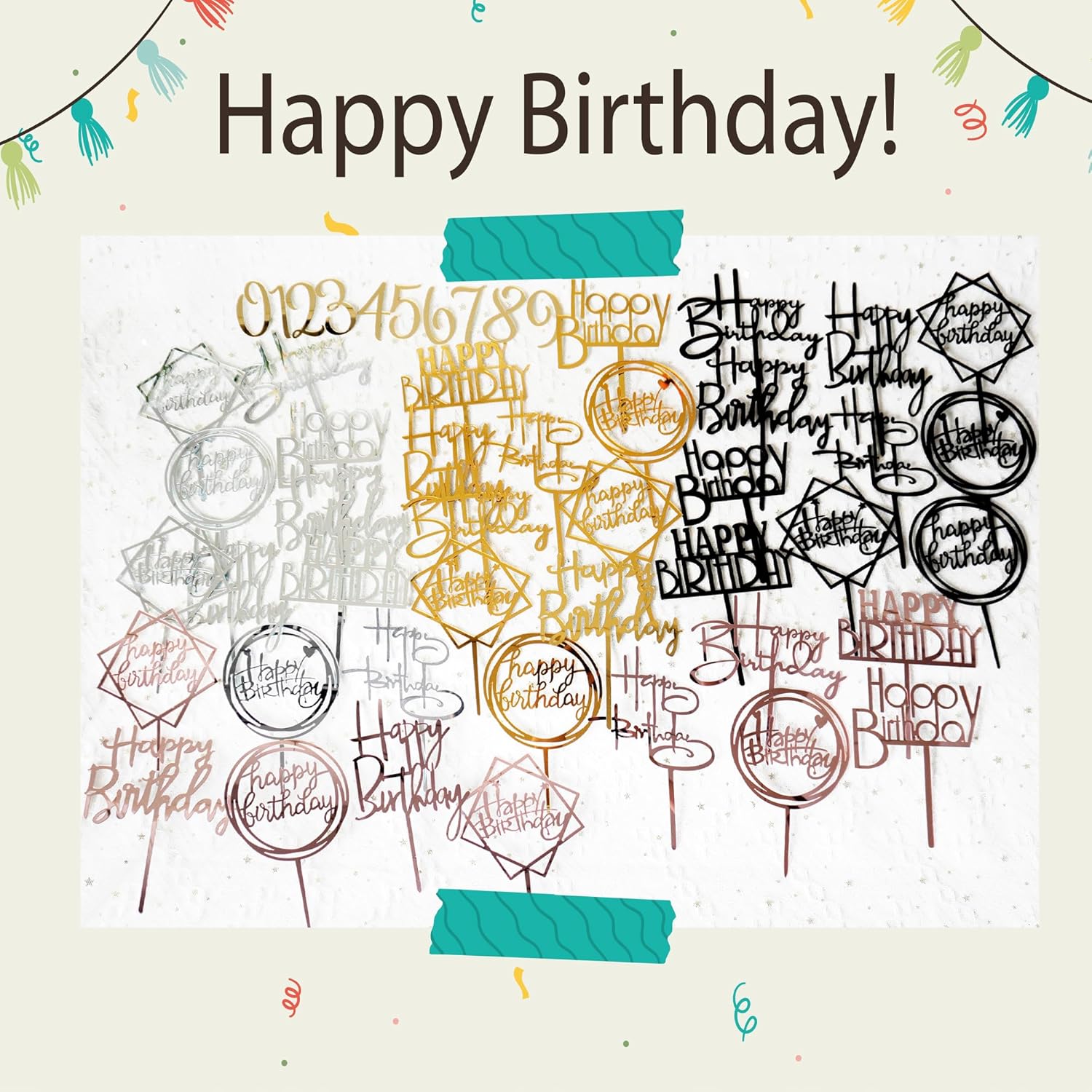 50 PCS Acrylic Birthday Cake Toppers 4 Colors