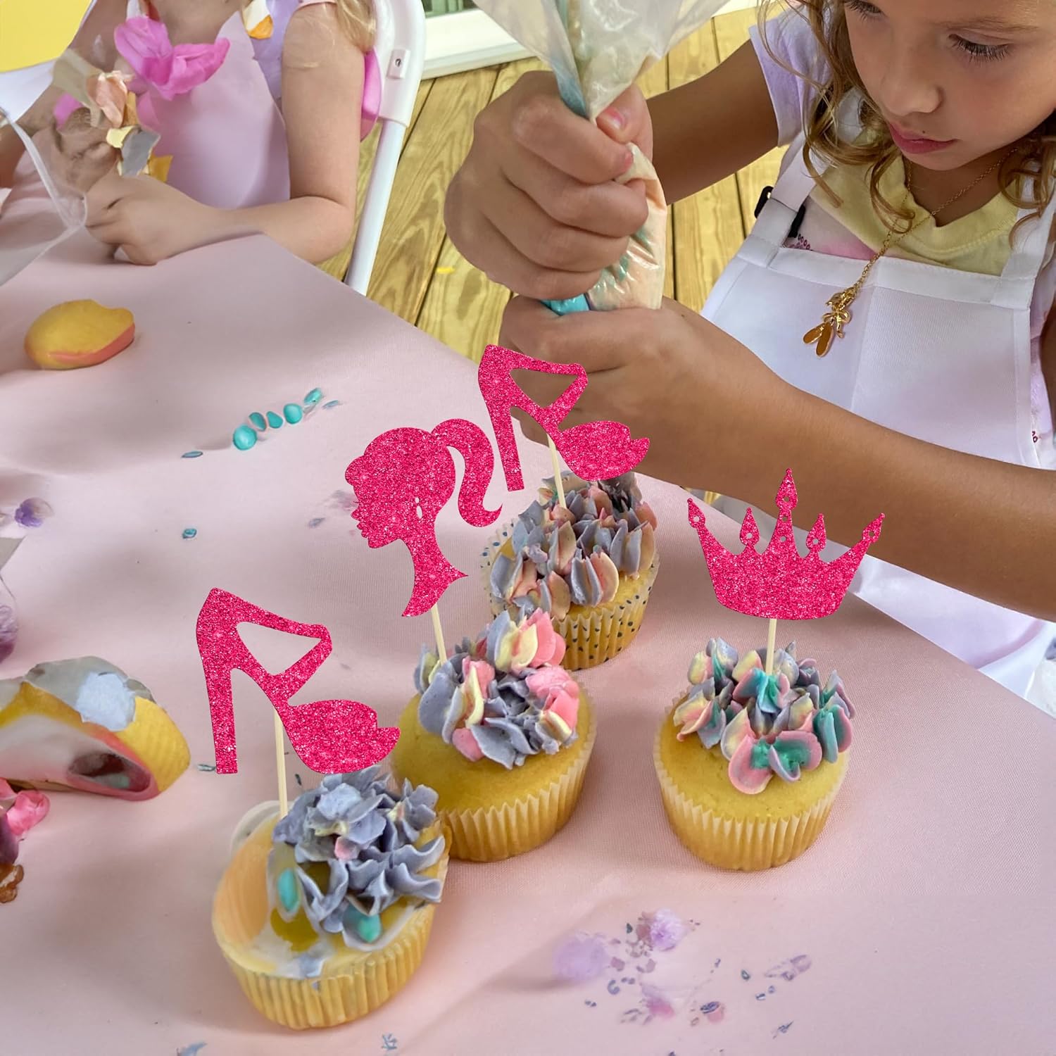 Ephlyn 24Pcs Hot Pink Glitter Princess Cupcake Toppers