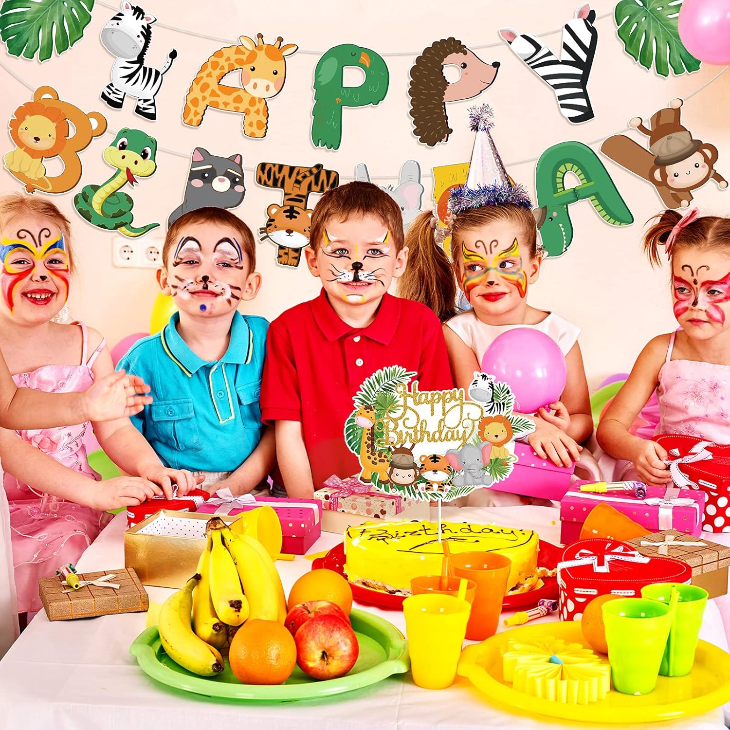 Clabby 2 Pieces Jungle Animals Birthday Banner Cupcake Topper