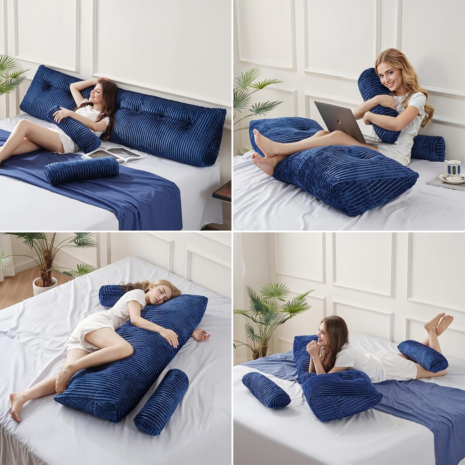Z-hom Queen Headboard Pillow with 2 Roll Pillows - Blue