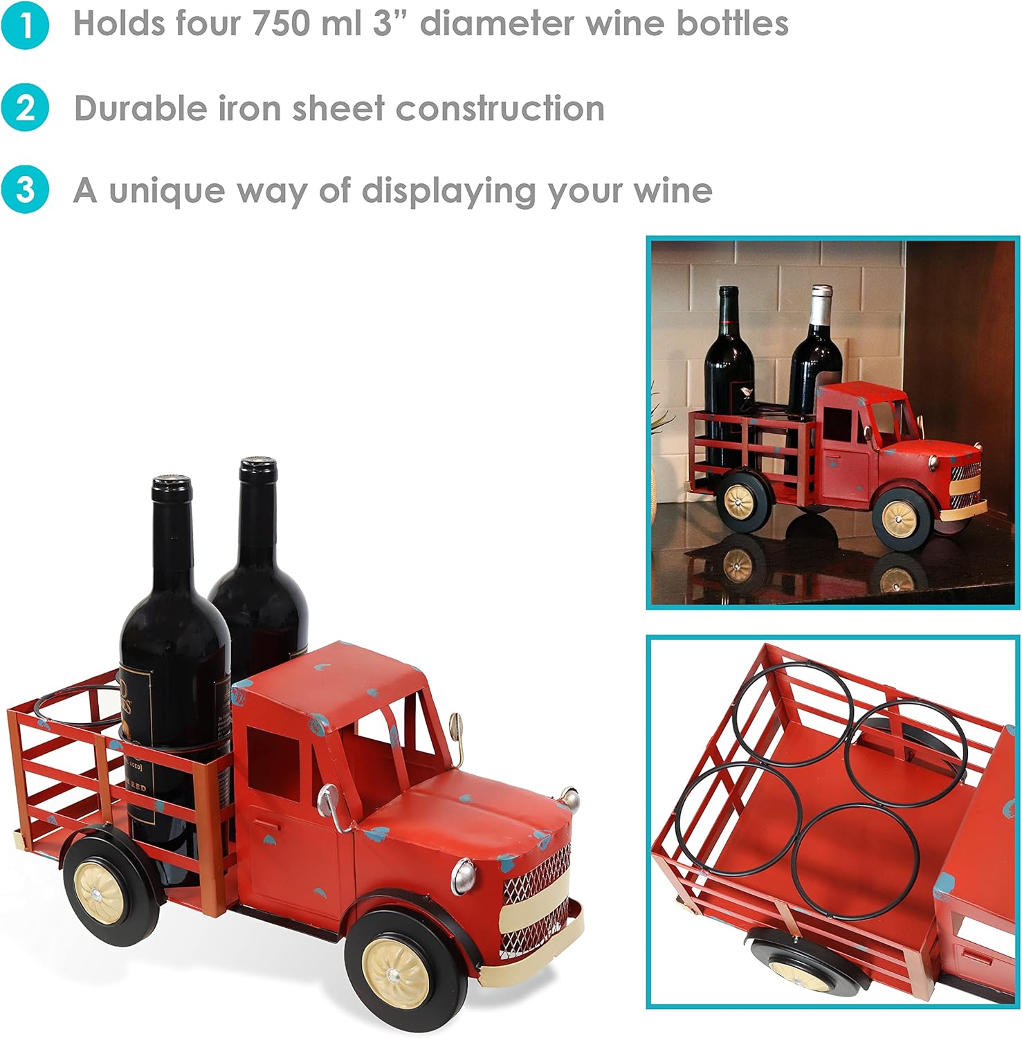 Sunnydaze Rustic Red Truck Wine Rack - Holds 4 Bottles