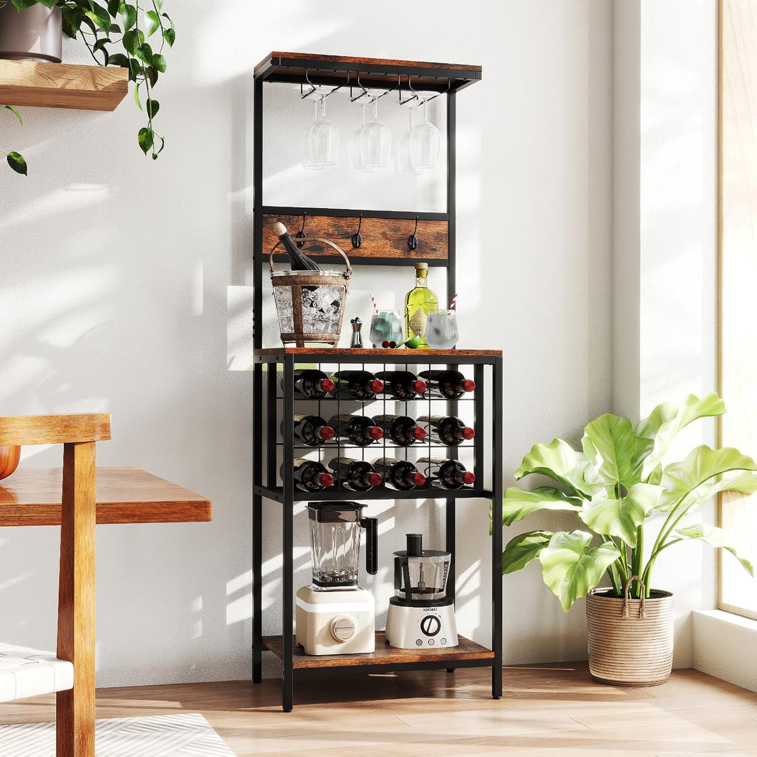 GOFLAME Freestanding Wine Rack with Glass Holders and Countertop
