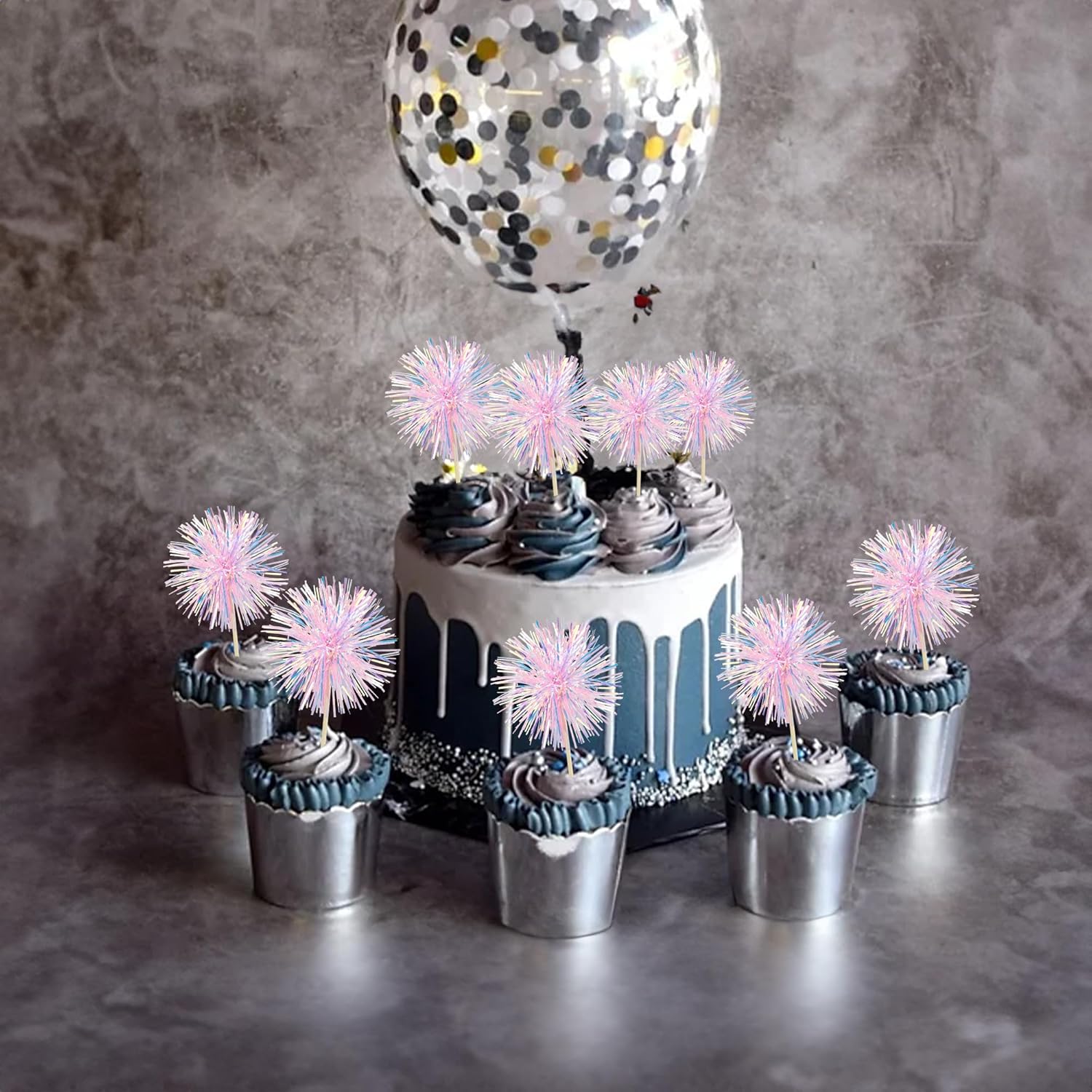 Ephlyn 30Pcs Foil Firework Cupcake Toppers Pink