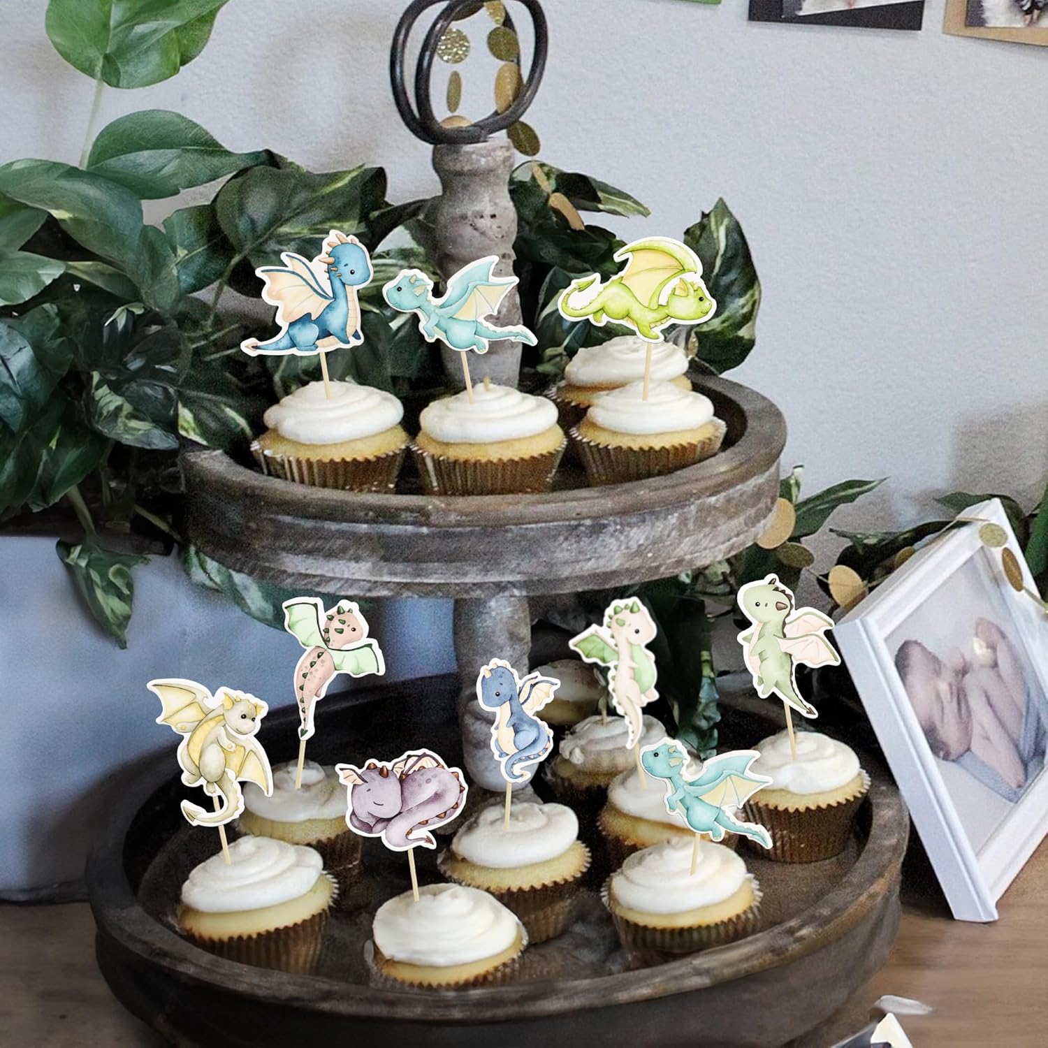 Ephlyn 36Pcs Dragon Cupcake Toppers for Birthday Party