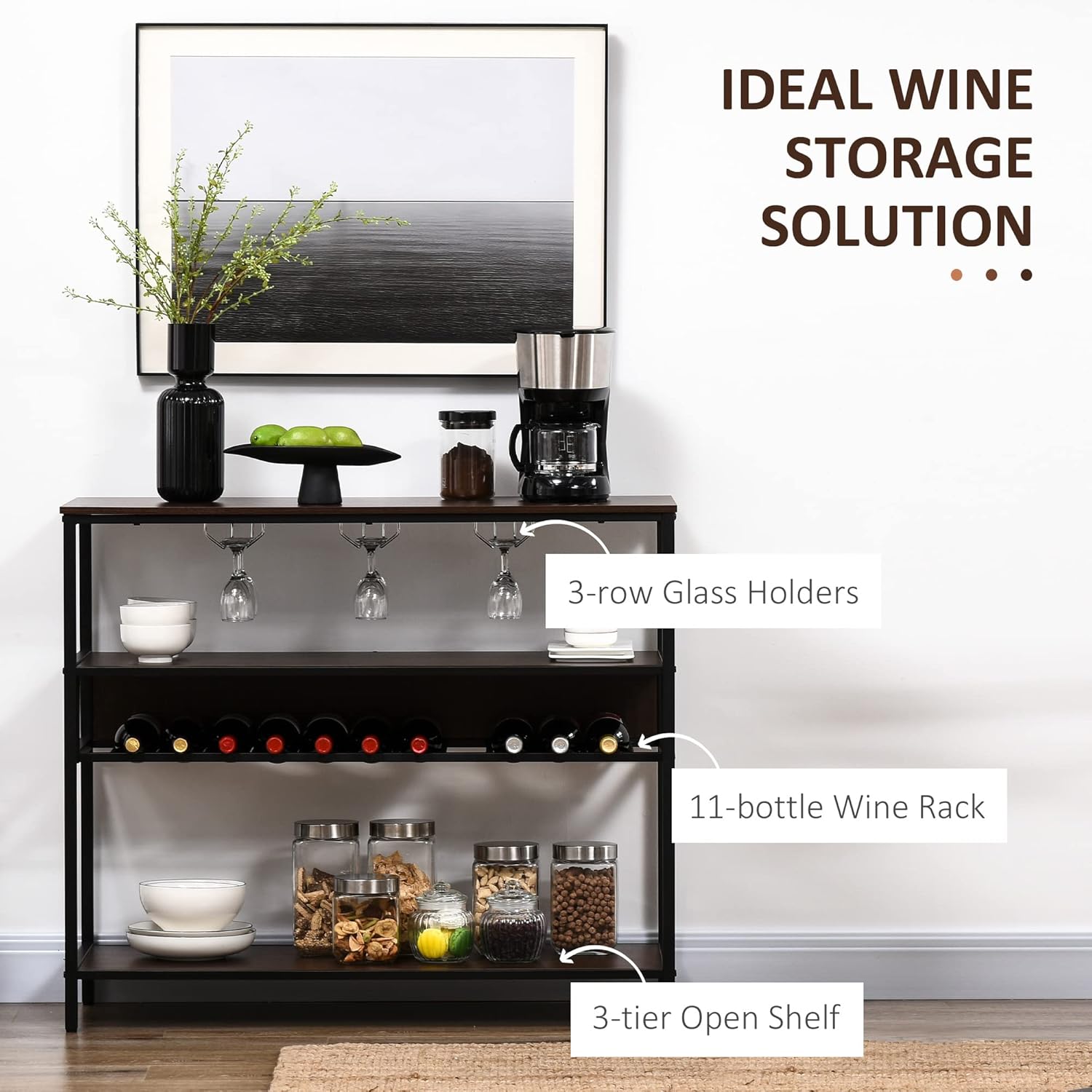 HOMCOM Industrial Wine Rack with 11-Bottle Holder Free Standing with Glass Holders