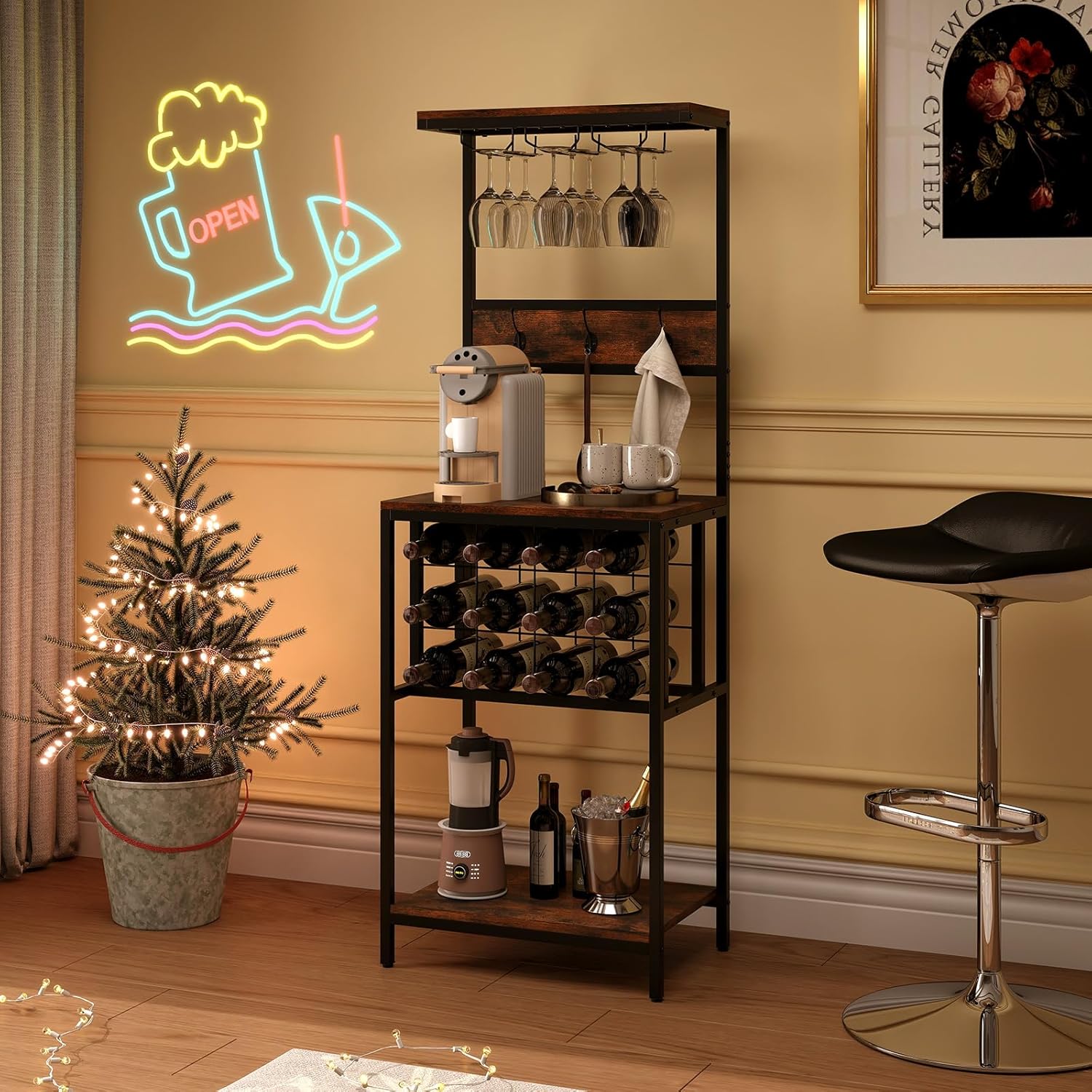 Giantex Freestanding Wine Rack with 12 Bottle Holders and 3 Glass Racks