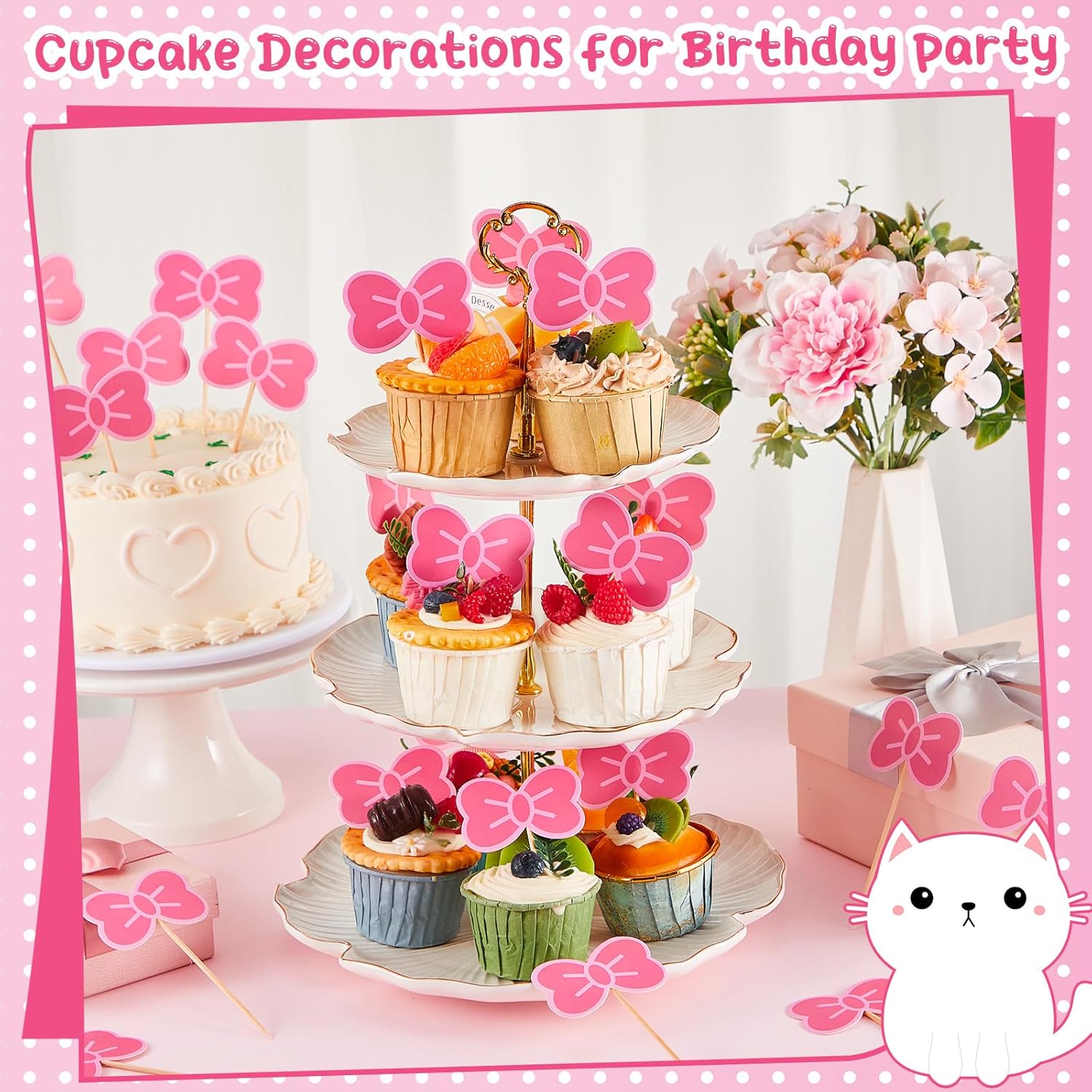 24 Pcs Pink Cat Bow Cake Toppers for Kitten Parties